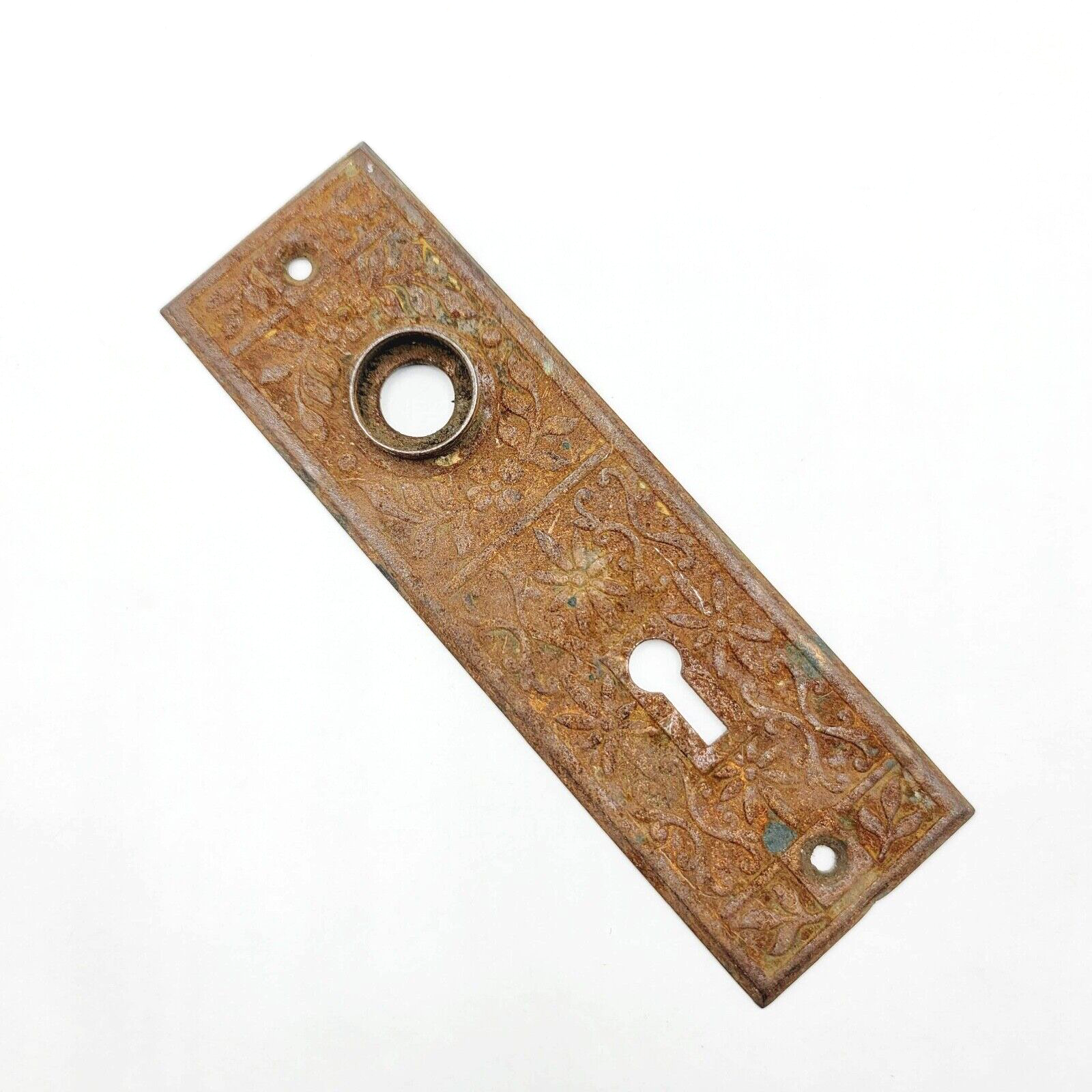 Vintage Ornate Steel Doorknob Back Plate 5  5/8" x 1  3/4" holes 2 3/8"