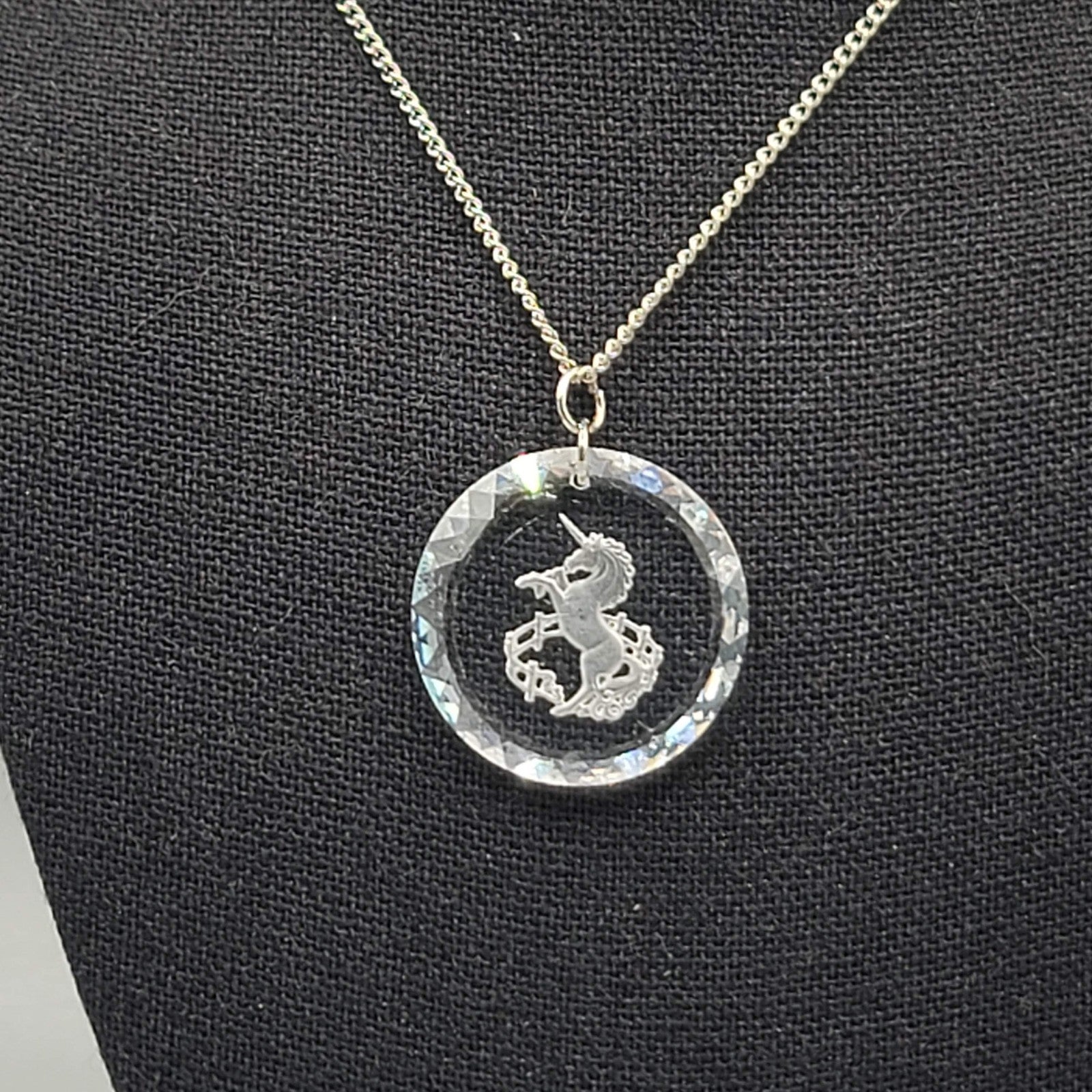 Vintage Unicorn Pendant Necklace Reverse Cut Long Silver tone Chain 24 in