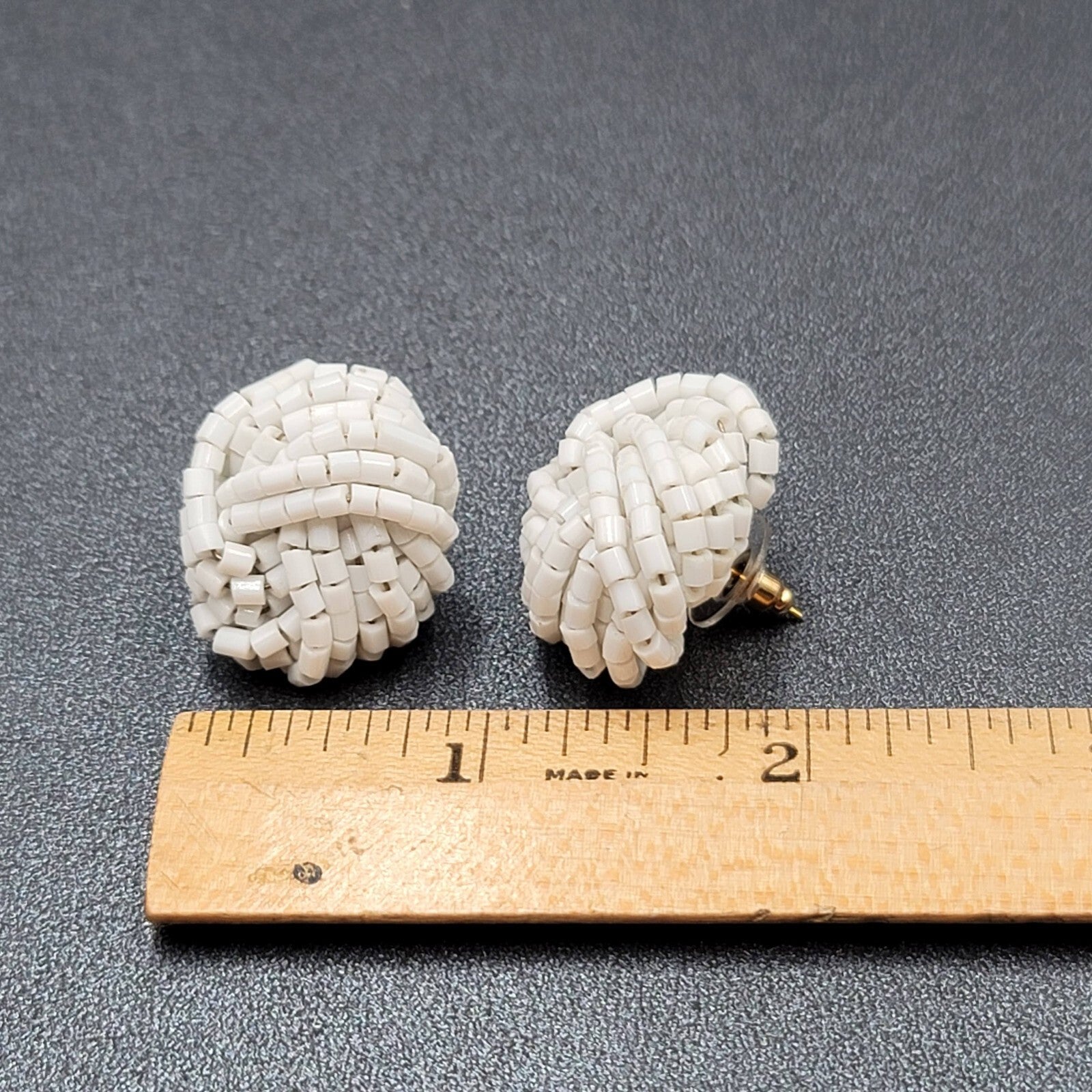 Vintage Pierced Earrings White Seed Beads Knot Estate Jewelry 1"