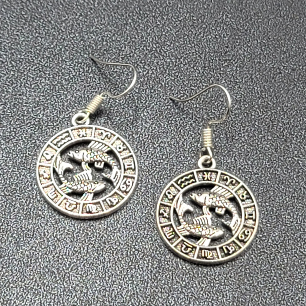 Zodiac Pierced Earrings Silver tone Dangle 7/8"