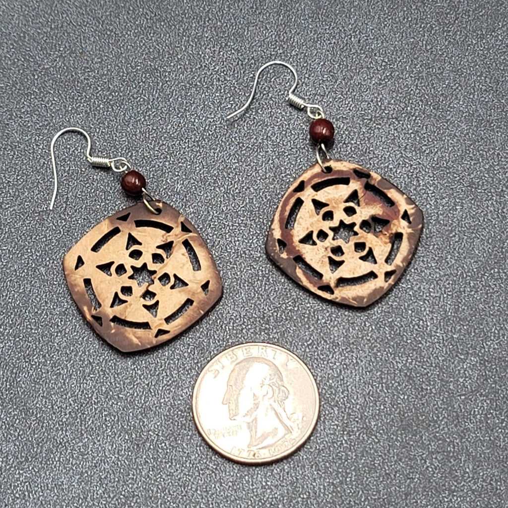 Pierced Earrings Silver tone Cut Coconut Bead Dangle 1.5"