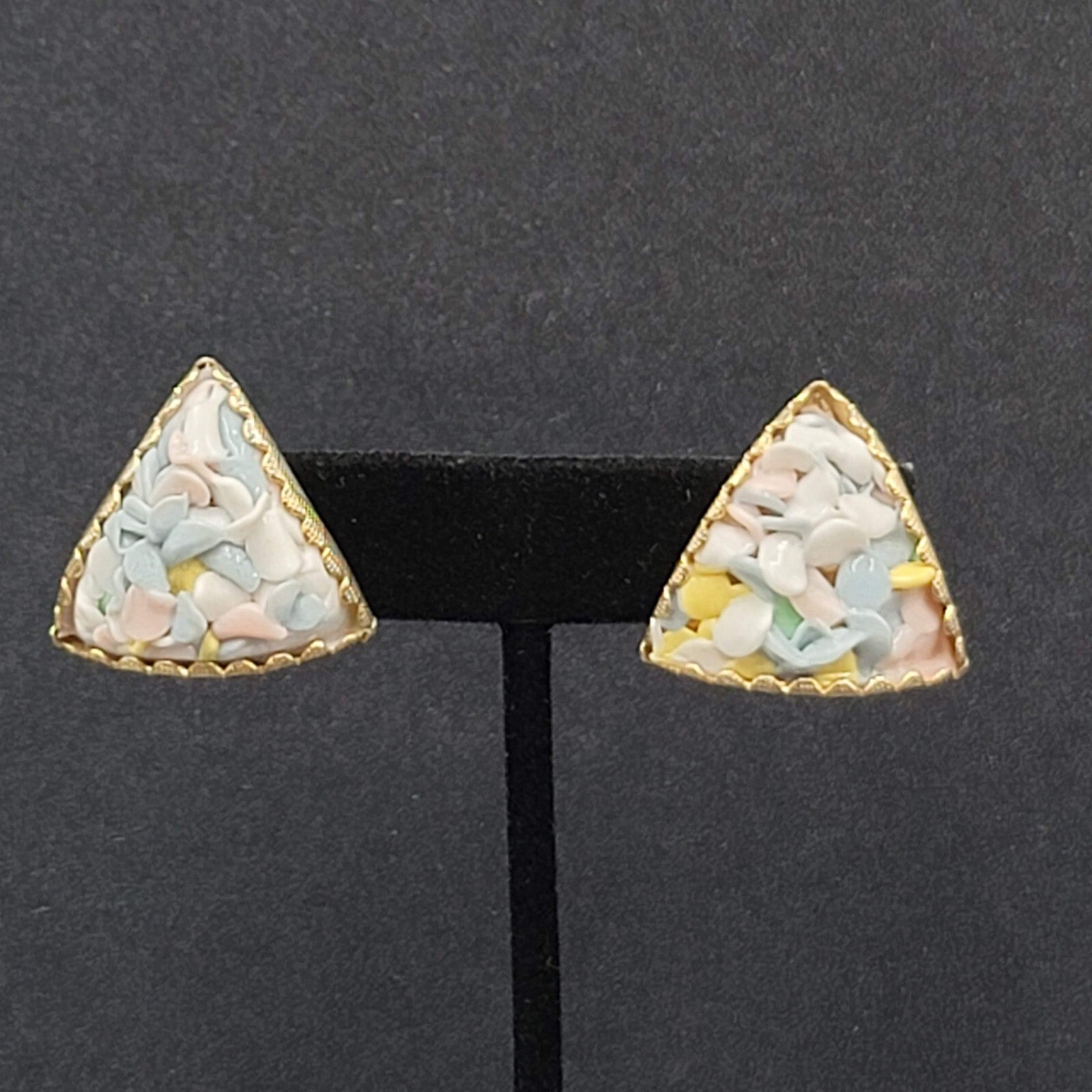 Vintage Clip on Earrings Gold tone Triangle Multicolor Pastel Glass Chips 1"