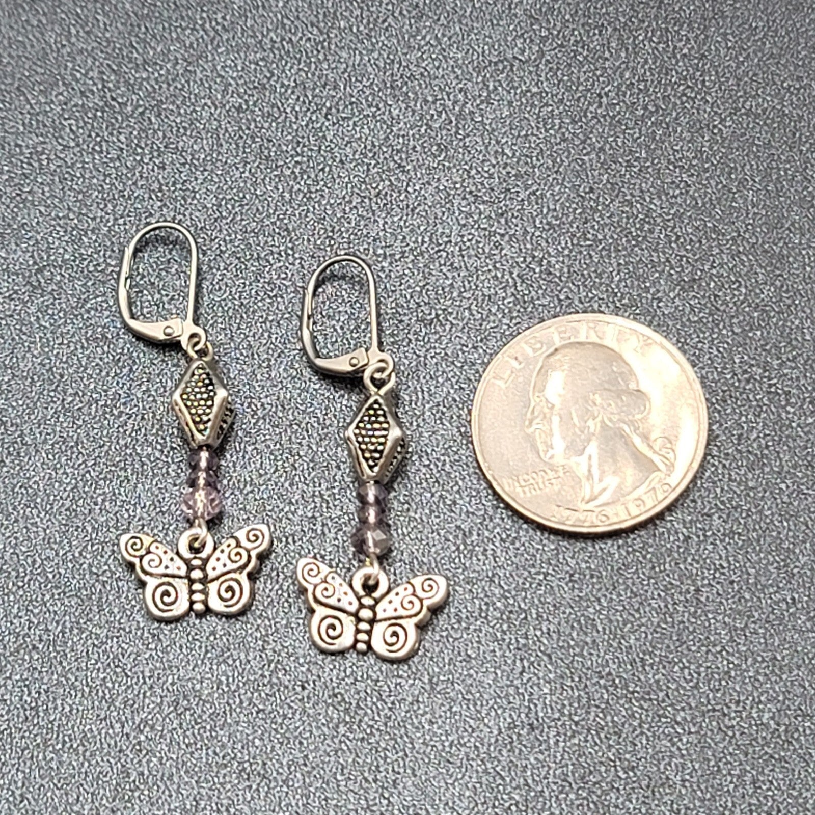 Butterfly Pierced Earrings Silver tone Purple Crystal Bead Dangle 1.25"