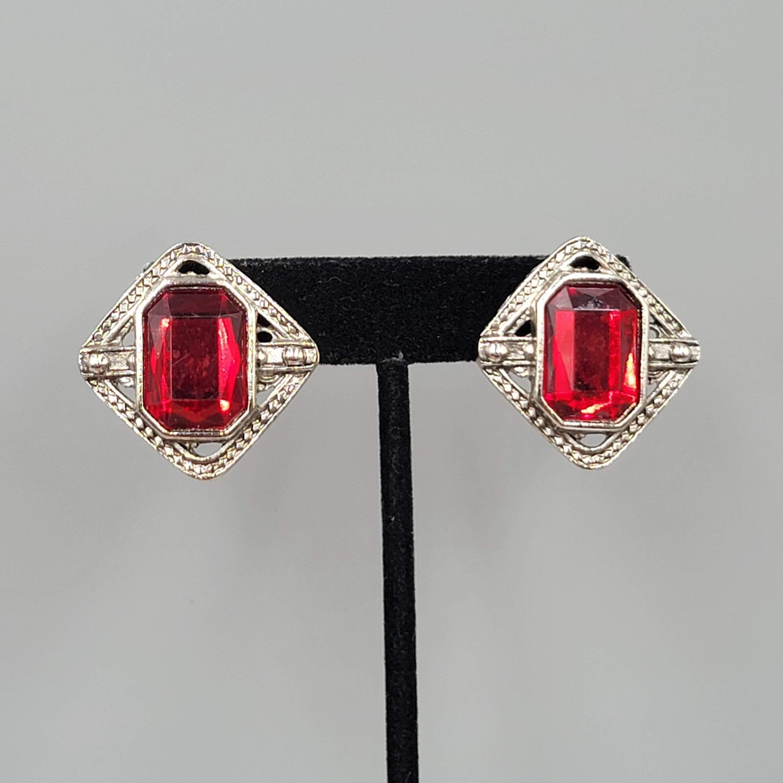 Vintage Pierced Earrings Silver tone Red Center Drop Statement 1.25"