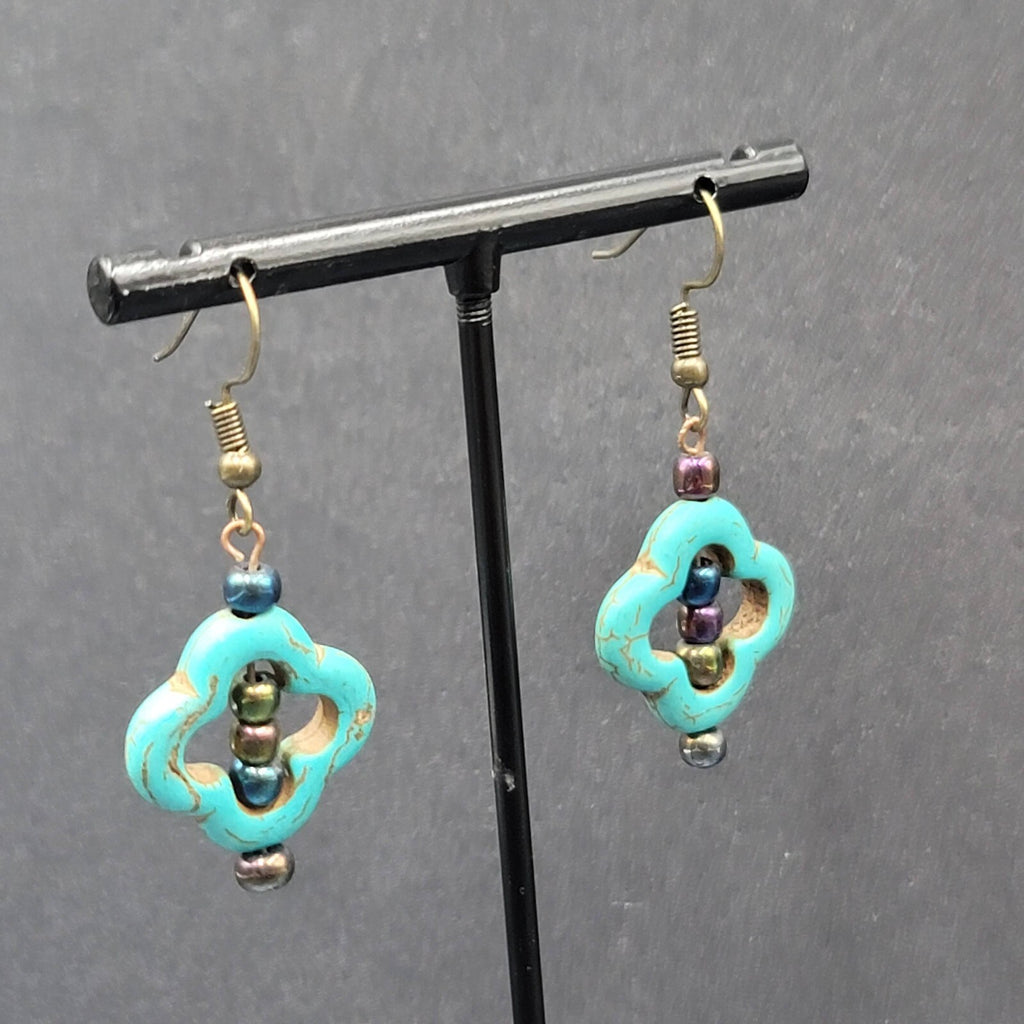 Pierced Earrings Dyed Blue Howlite Open Work Bead Dangle  1 1/8"