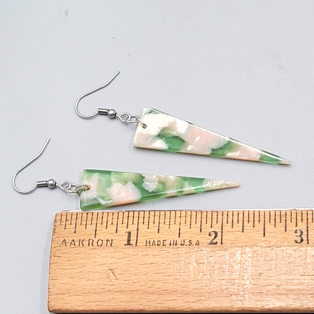Pink Green Resin Triangle Pierced Earrings Silver tone Dangle  2 in