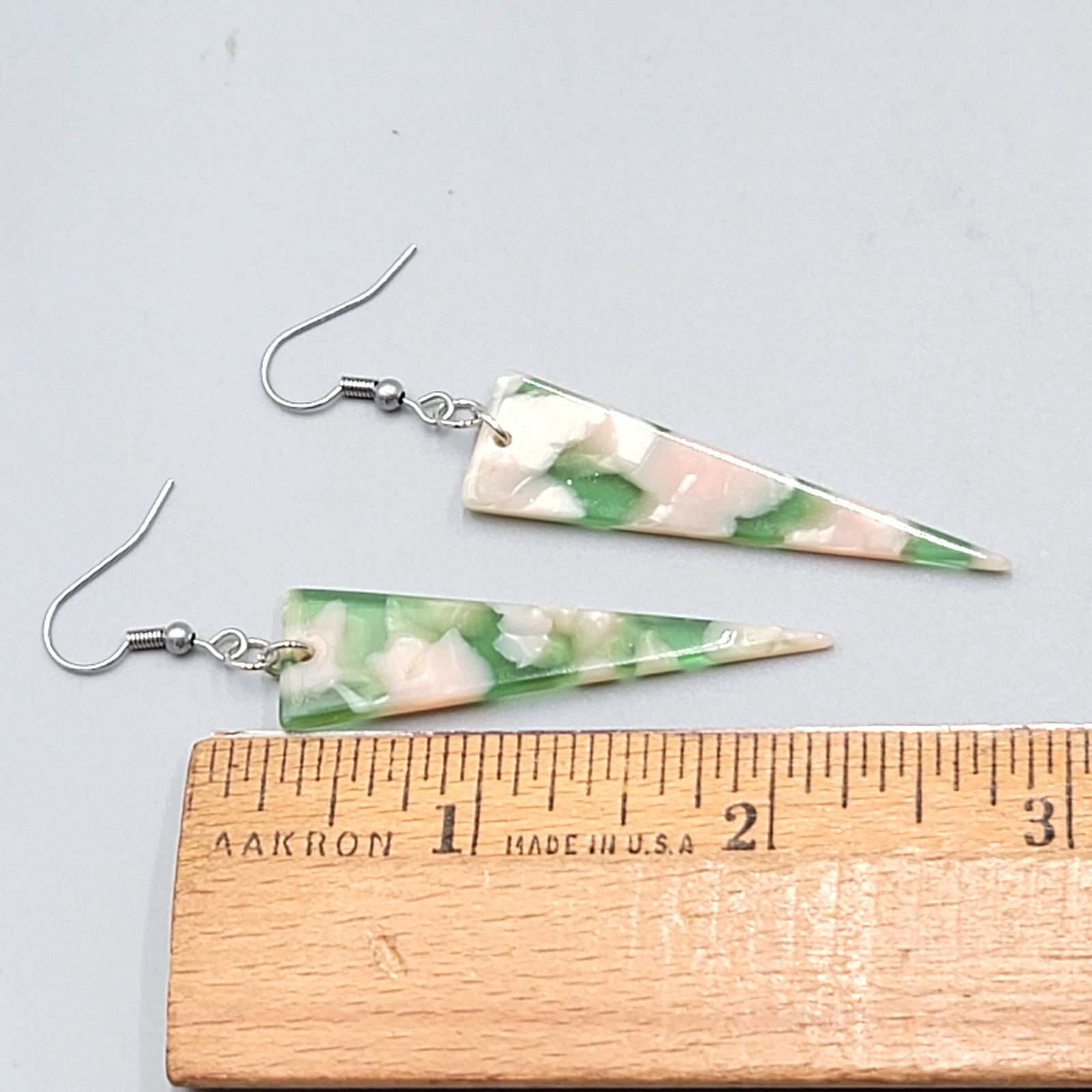 Pink Green Resin Triangle Pierced Earrings Silver tone Dangle  2 in
