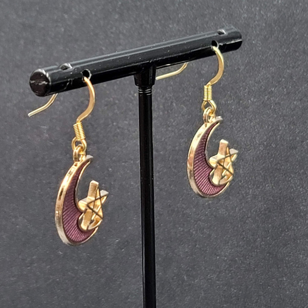 New Moon Star Pierced Earrings Gold tone Purple Enamel Dangle 3/4"
