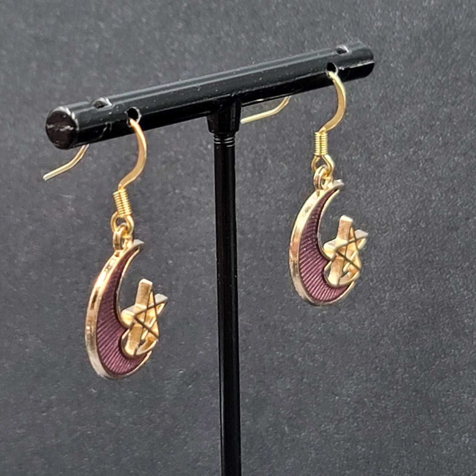 New Moon Star Pierced Earrings Gold tone Purple Enamel Dangle 3/4"