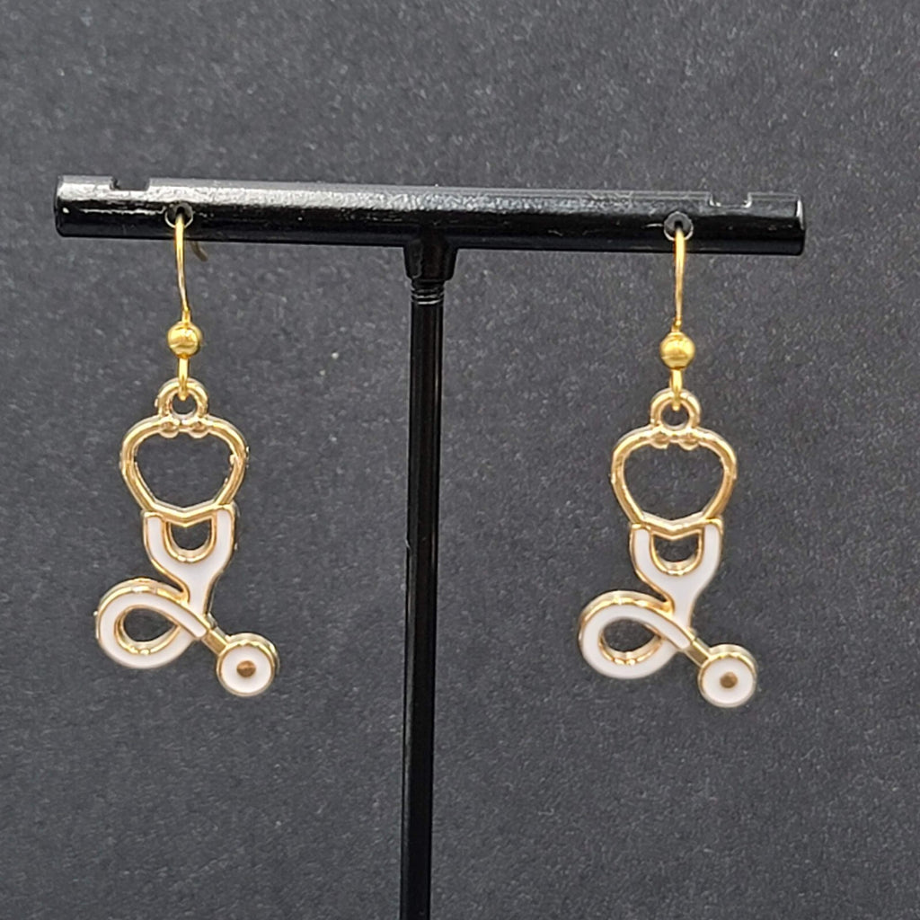 Nurse Pierced Earrings White Enamel Stethoscope Gold tone Dangle 1 1/8"