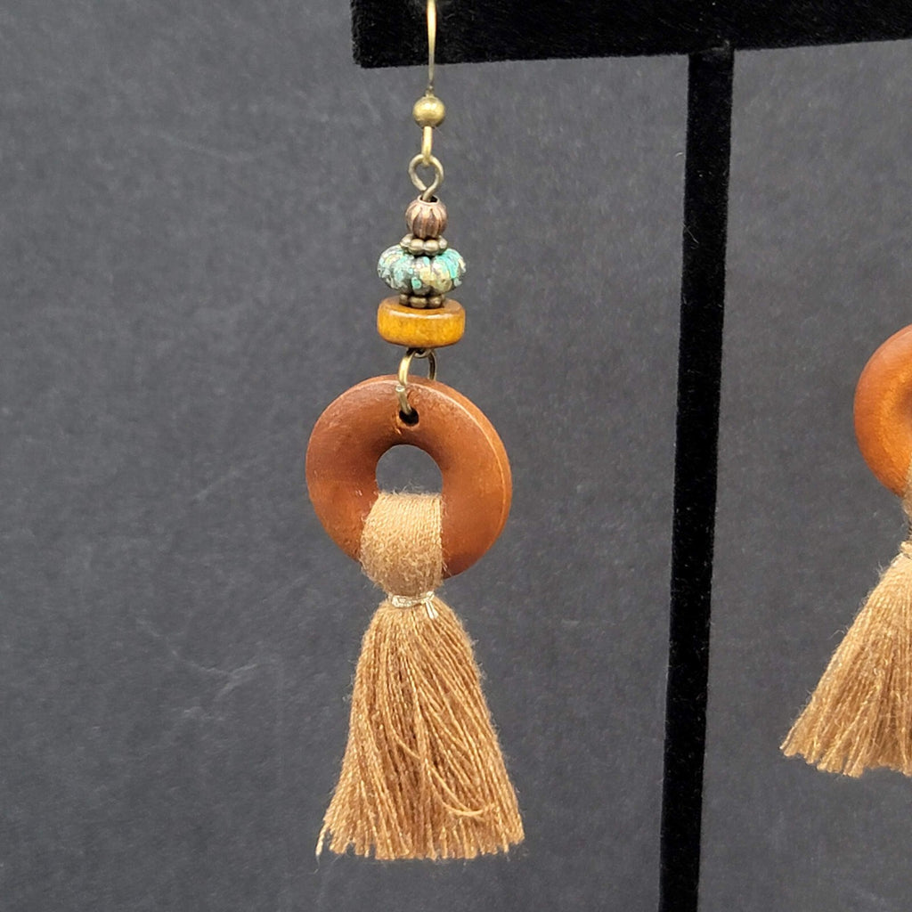 New Boho Pierced Earrings Bronze tone Wood Ring Tassel Dangle 2.25"