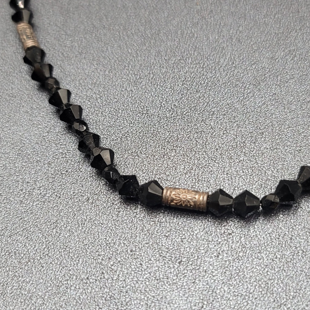 Vintage Necklace Black Rivoli Glass Beaded 16"