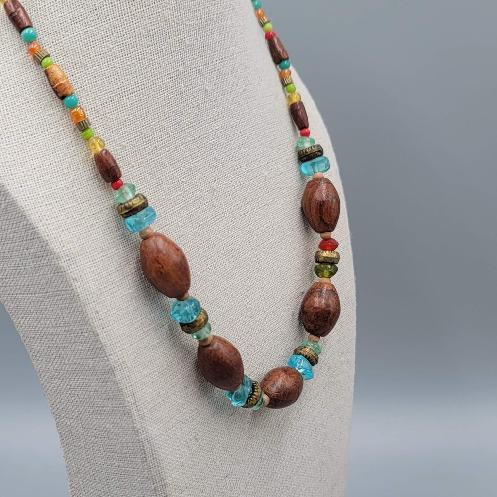 Wood Bead Artisan Necklace Multicolor Glass Spacers 18" Adj
