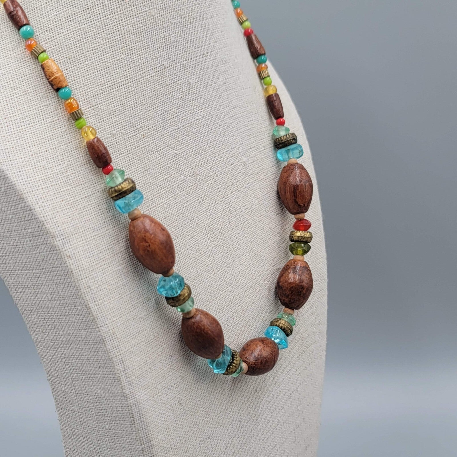Wood Bead Artisan Necklace Multicolor Glass Spacers 18" Adj
