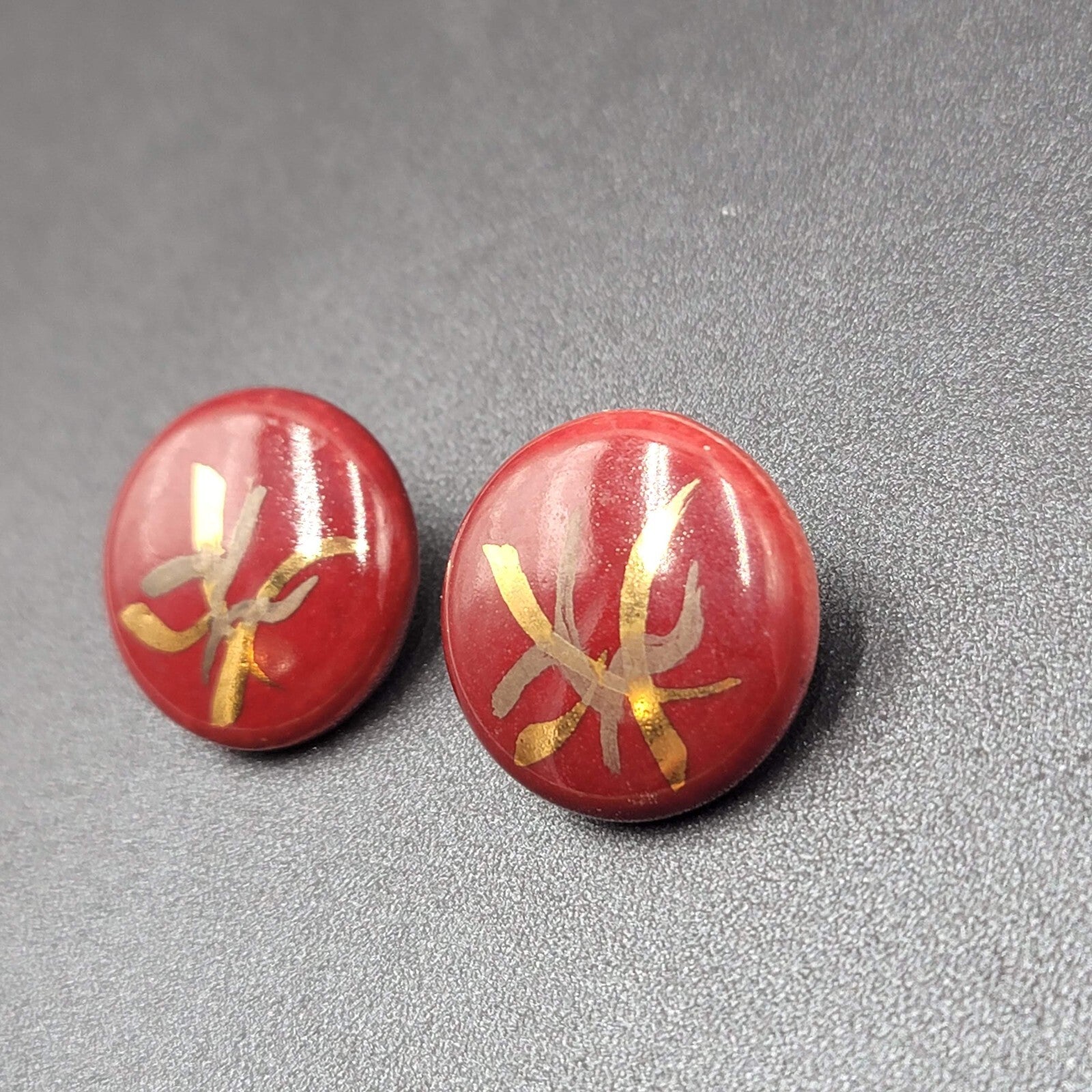 Vintage Pierced Earrings Red Hand Painted Round Pottery Drop  1"