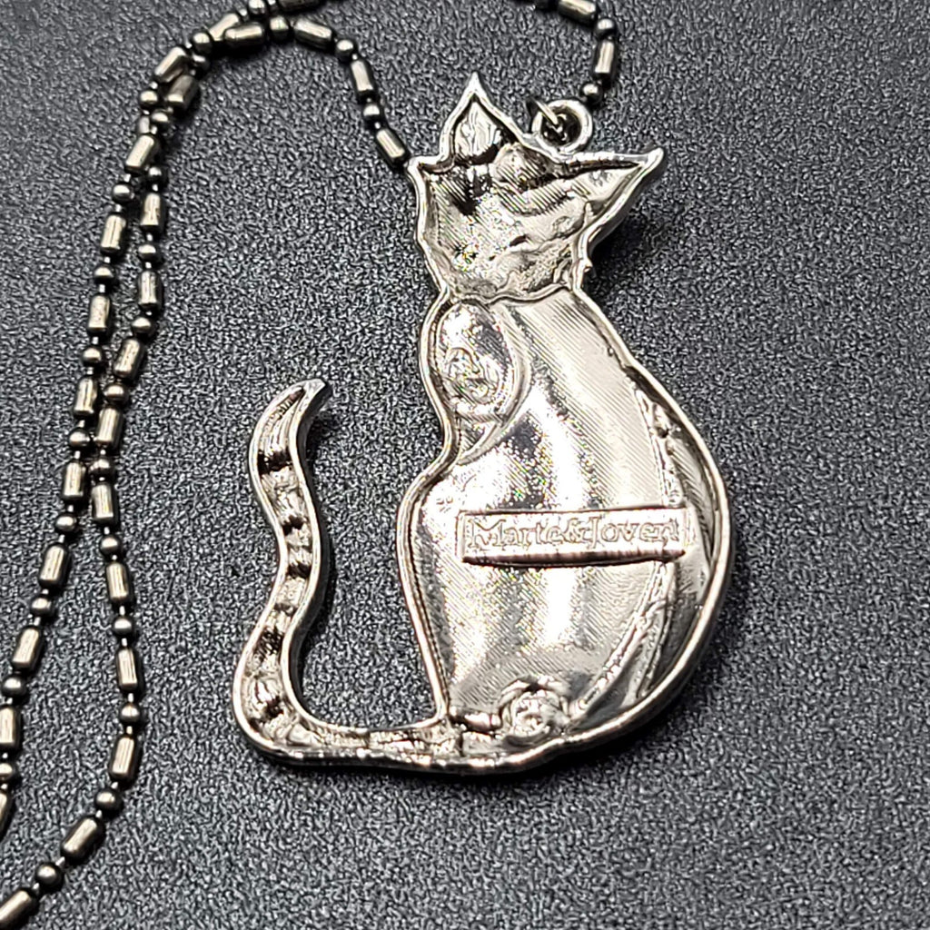 Marte and Joven Whimsical Enamel Cat Pendant Necklace Silver tone Ball Chain 26"
