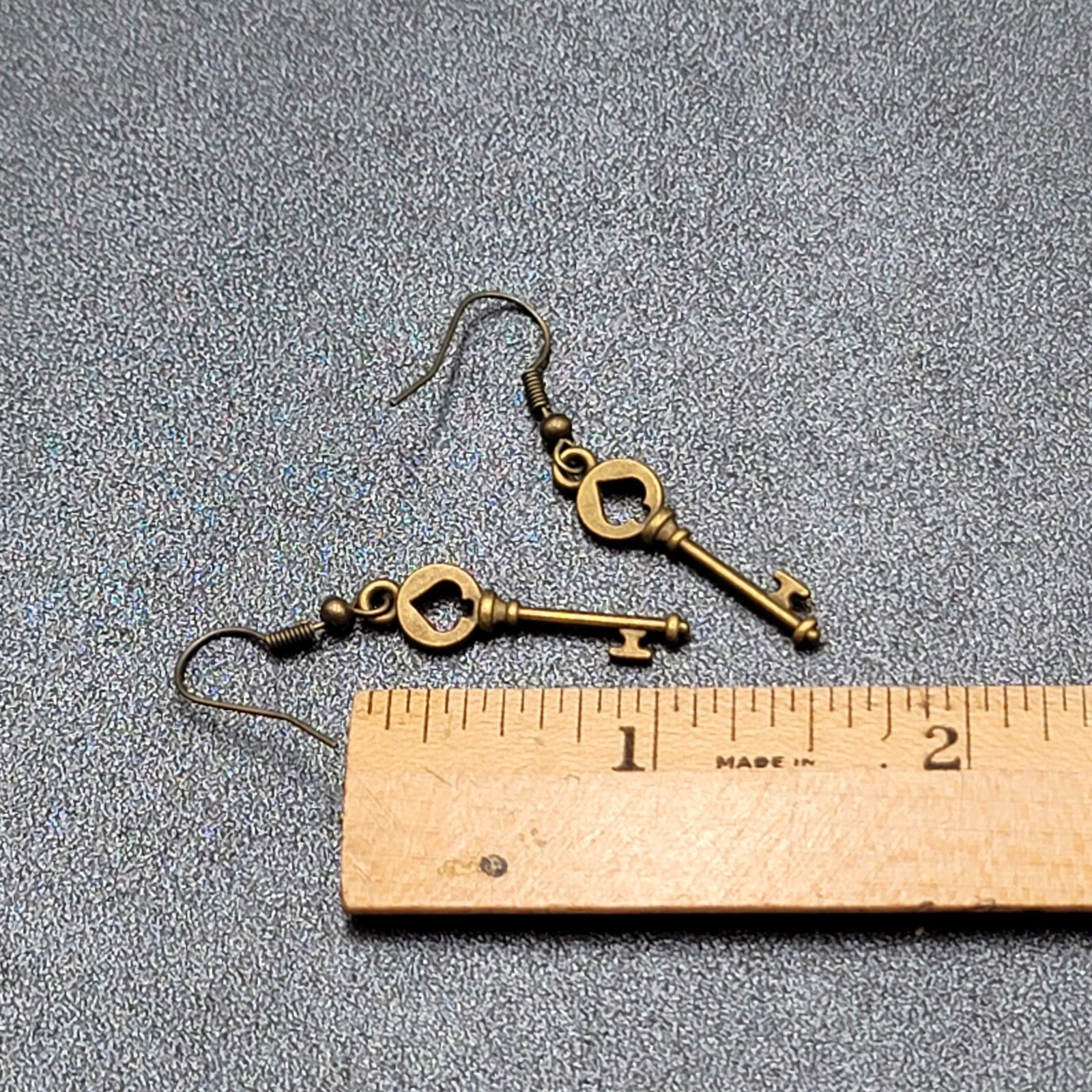New Pierced Earrings Spade Skeleton Key Bronze tone Dangle 1 1/8"