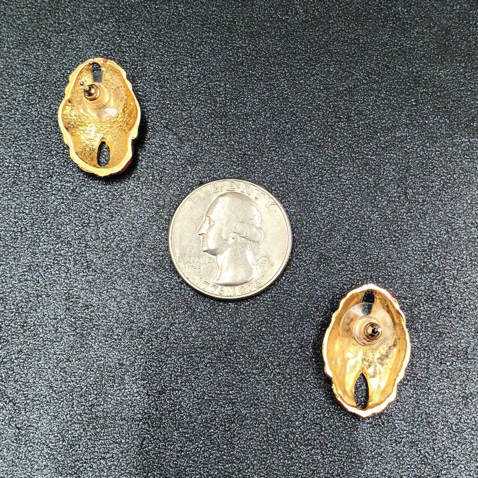 Vintage Pierced Earrings Red Enamel Infinity Gold tone Oval Drop 1"