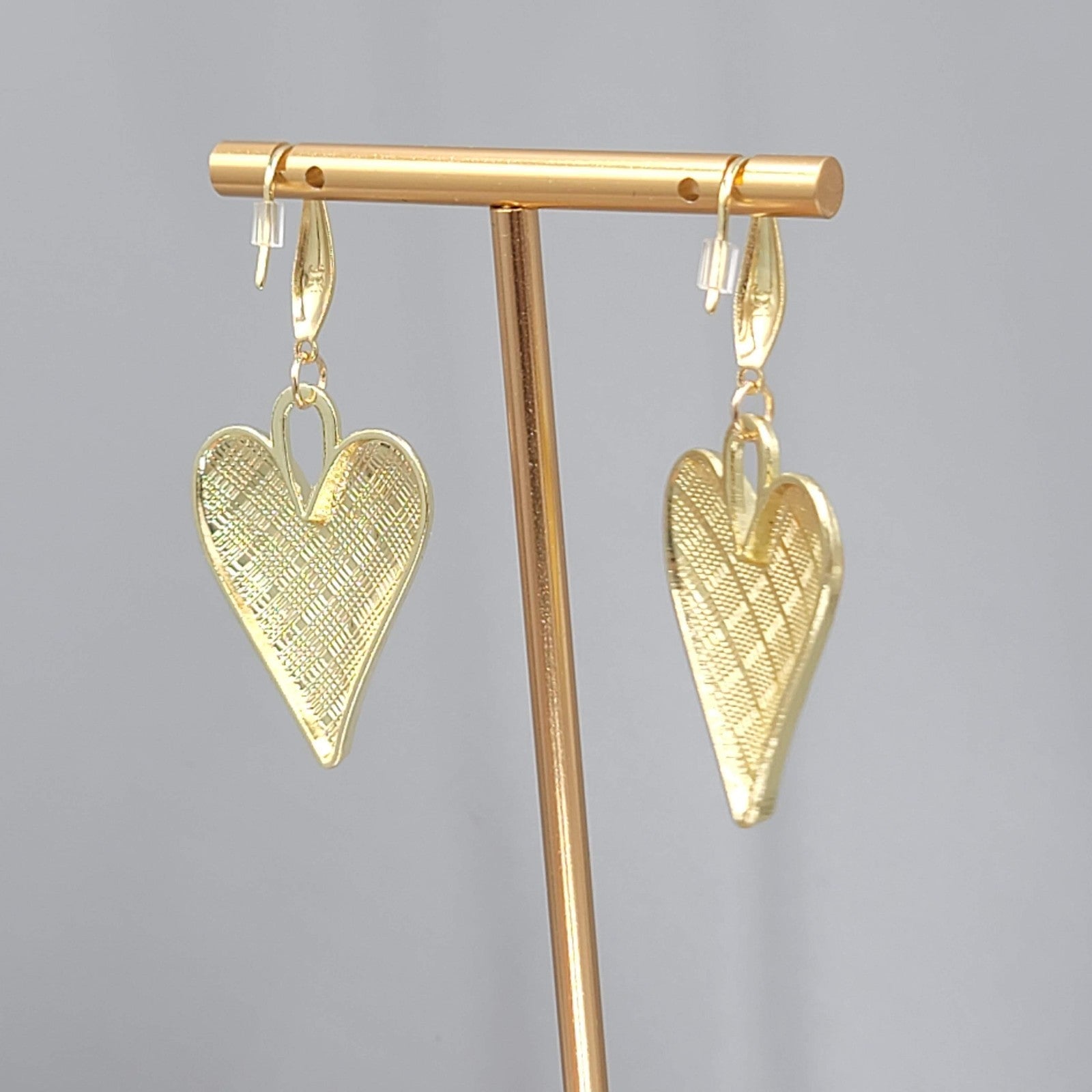 Pink Enamel Checkered Heart Pierced Earrings Gold tone Dangle Large 1.5"
