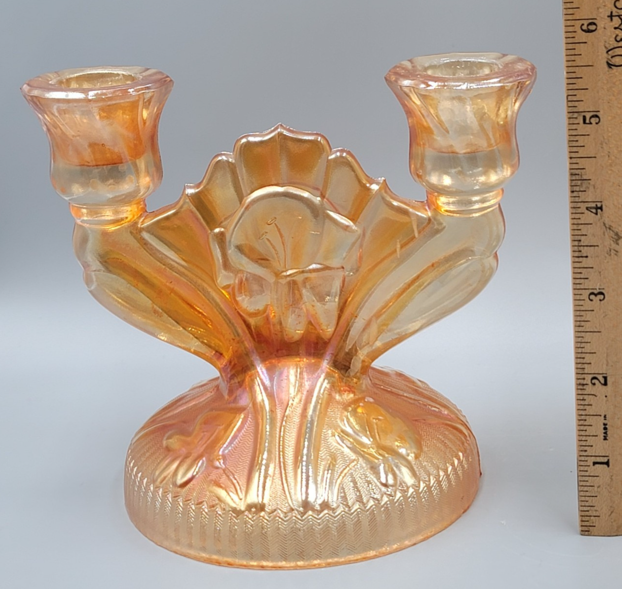 Jeanette Carnival Glass Double Candle Holder Marigold Iridescent Glass