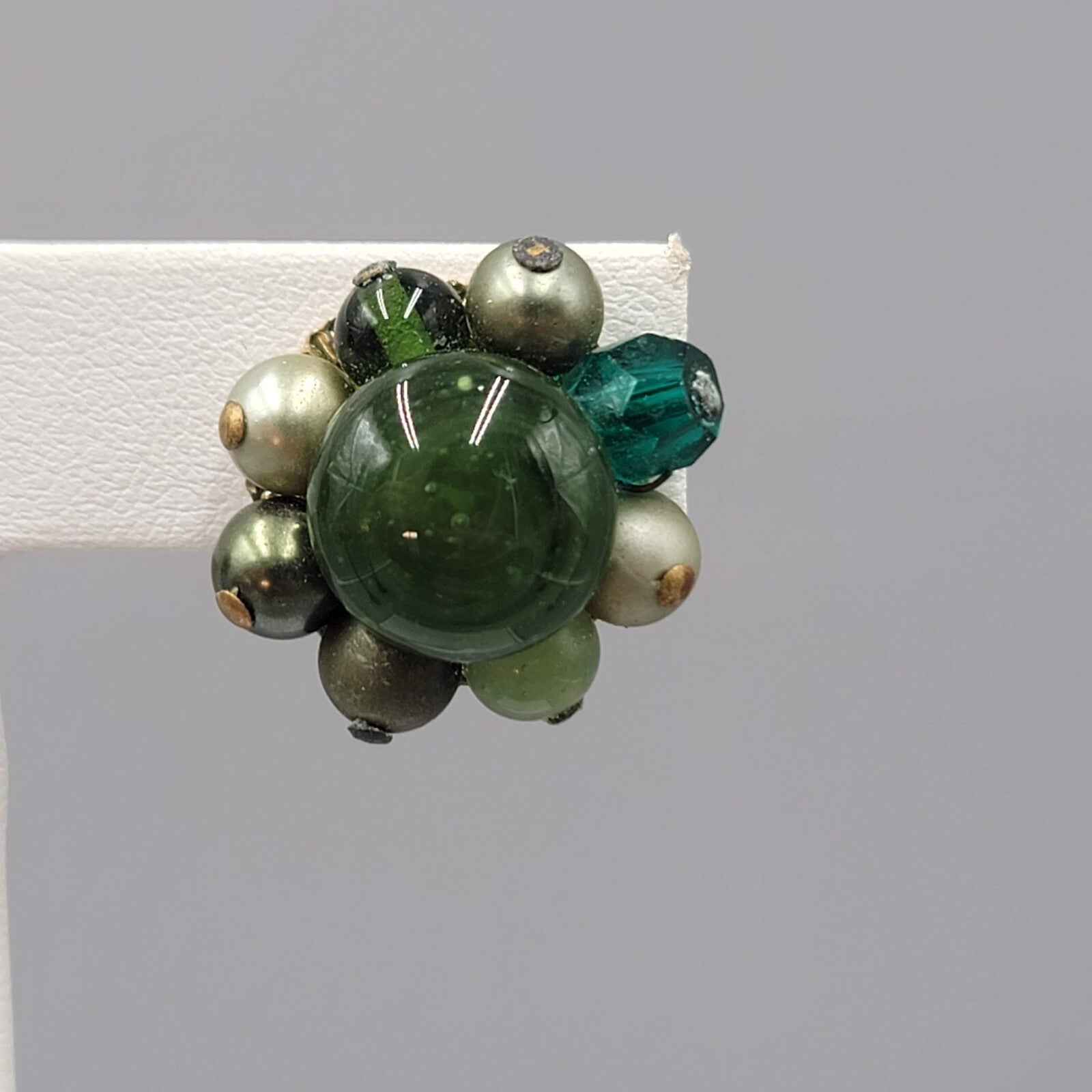 Vintage Green Glass Cluster Bead Clip on Earrings Japan 3/4"