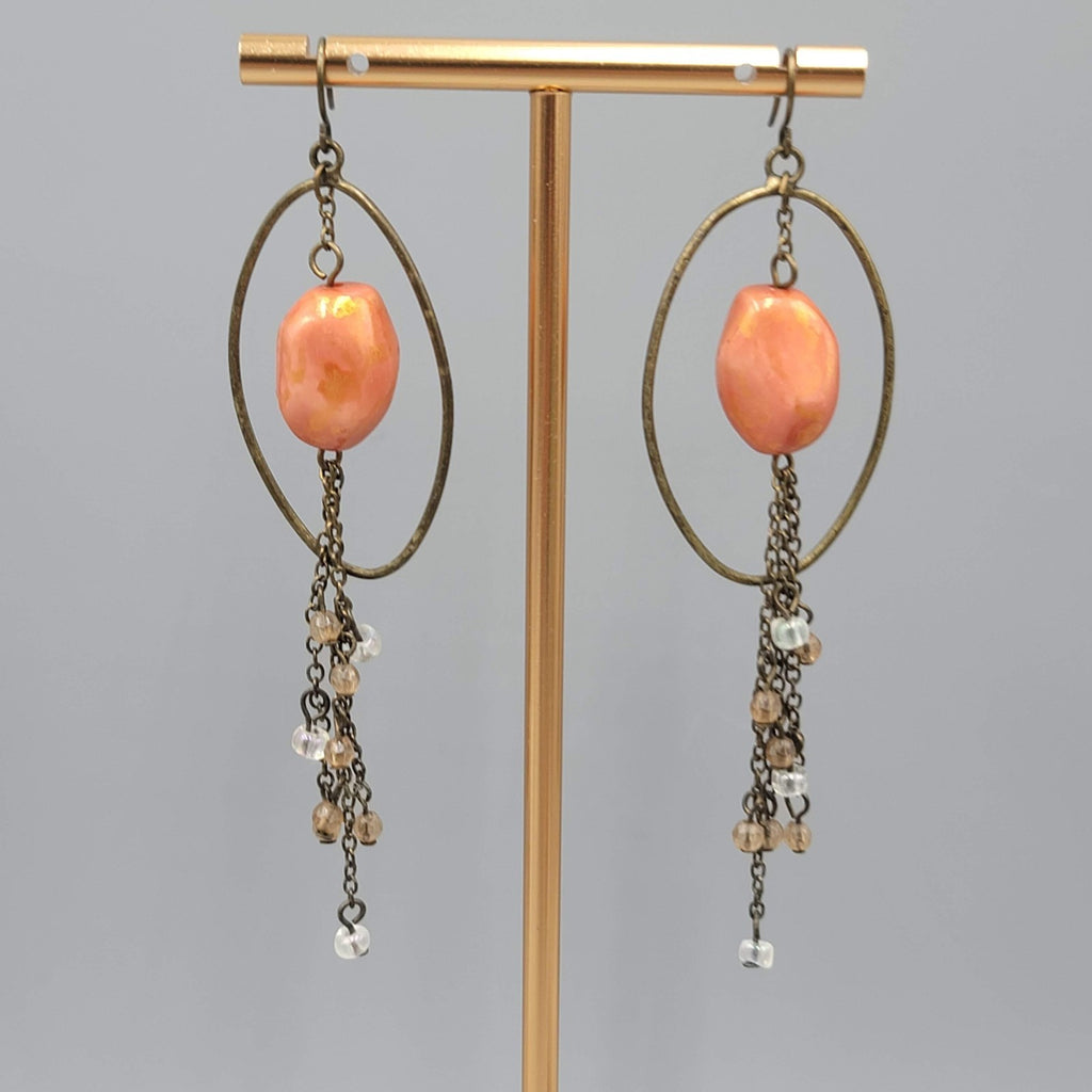 Dangle Chains Pierced Earrings Bronze tone Orange Bead Long 3.25 in