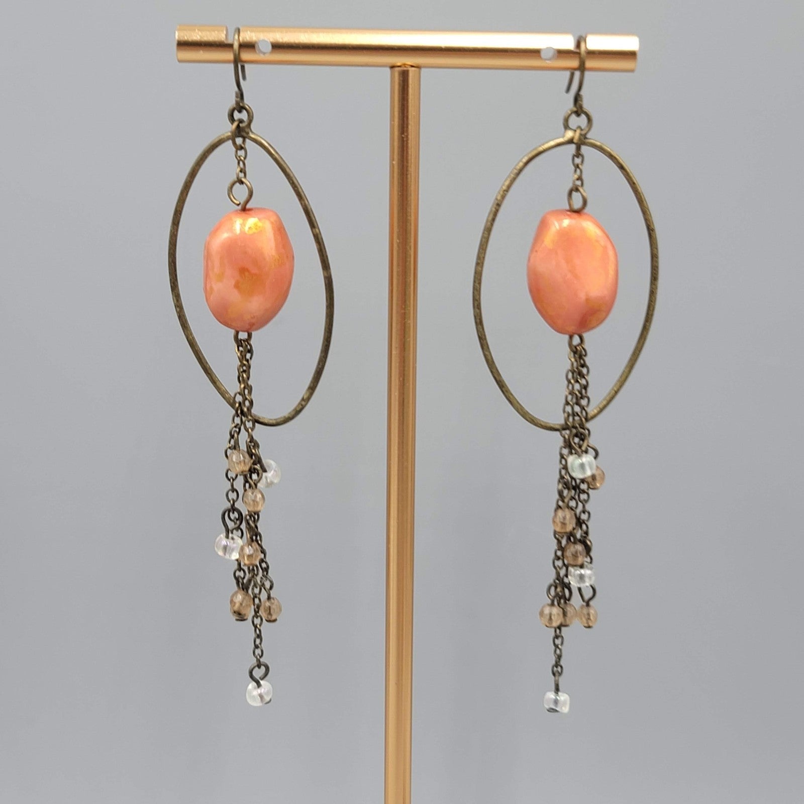 Dangle Chains Pierced Earrings Bronze tone Orange Bead Long 3.25 in