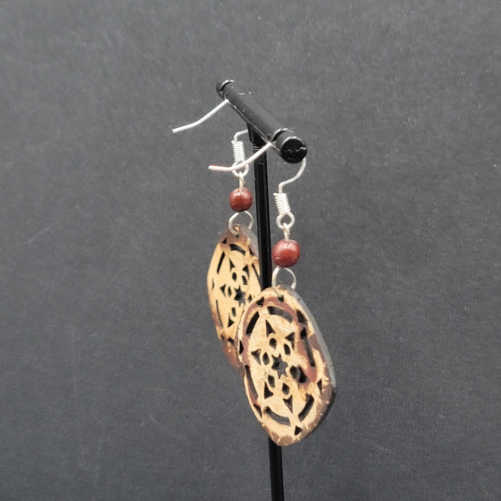 Pierced Earrings Silver tone Cut Coconut Bead Dangle 1.5"