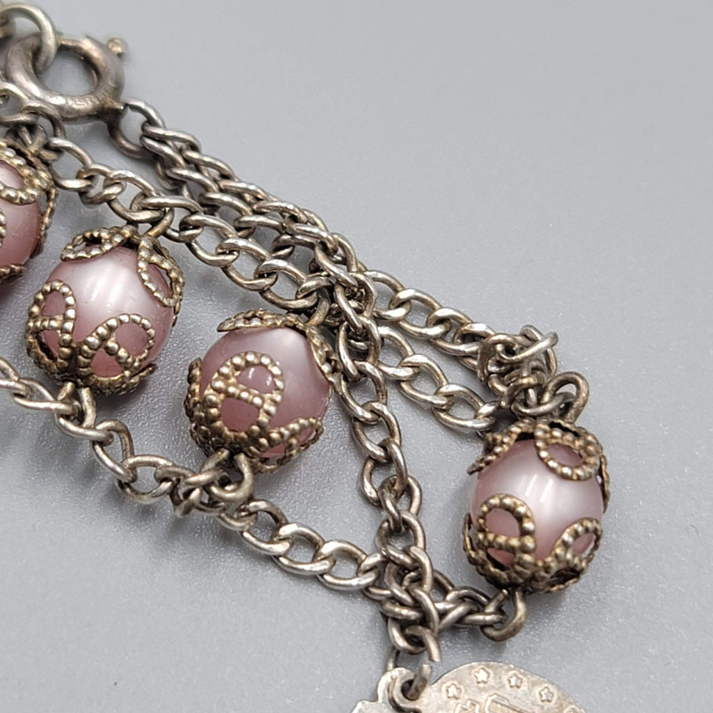 Vintage Sterling Rosary Pink Moonglow Capped Beads Bracelet 7"