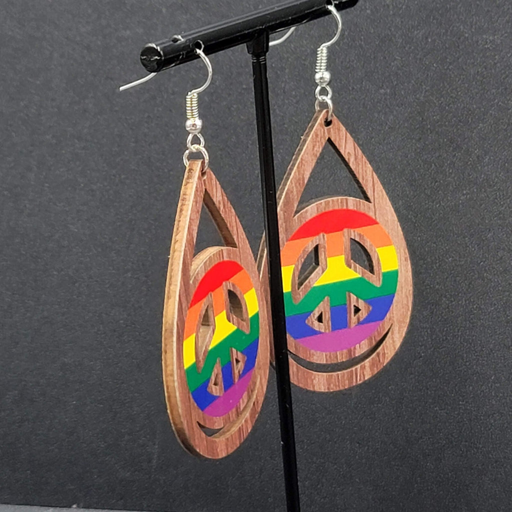 New PRIDE Peace Sign Pierced Earrings Rainbow Wood Teardrop Dangle 2.25"