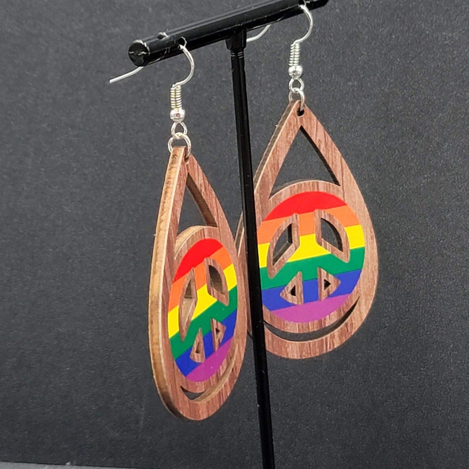 New PRIDE Peace Sign Pierced Earrings Rainbow Wood Teardrop Dangle 2.25"