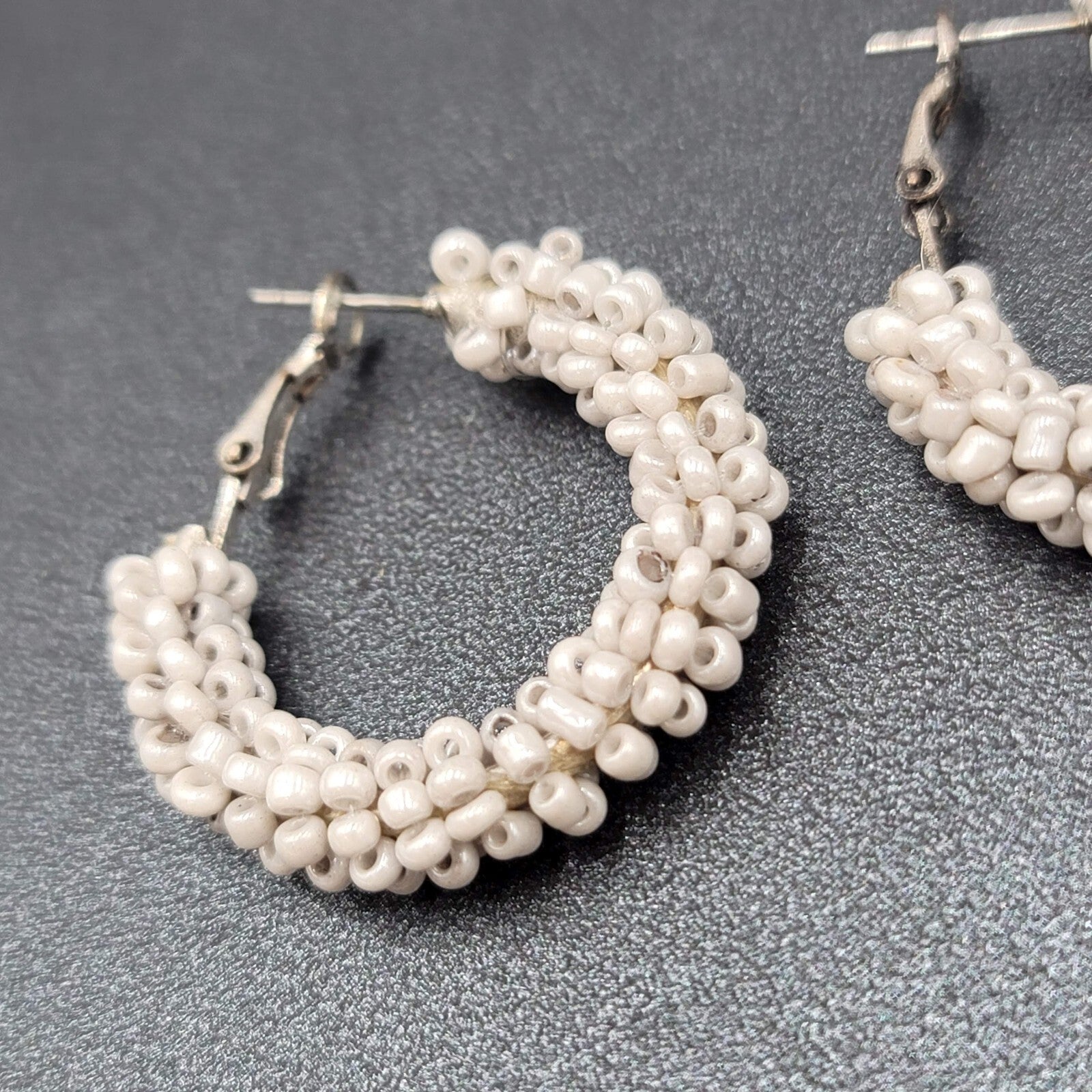 Pierced Earrings Light Gray Seed Bead Covered Hoops 1.25"
