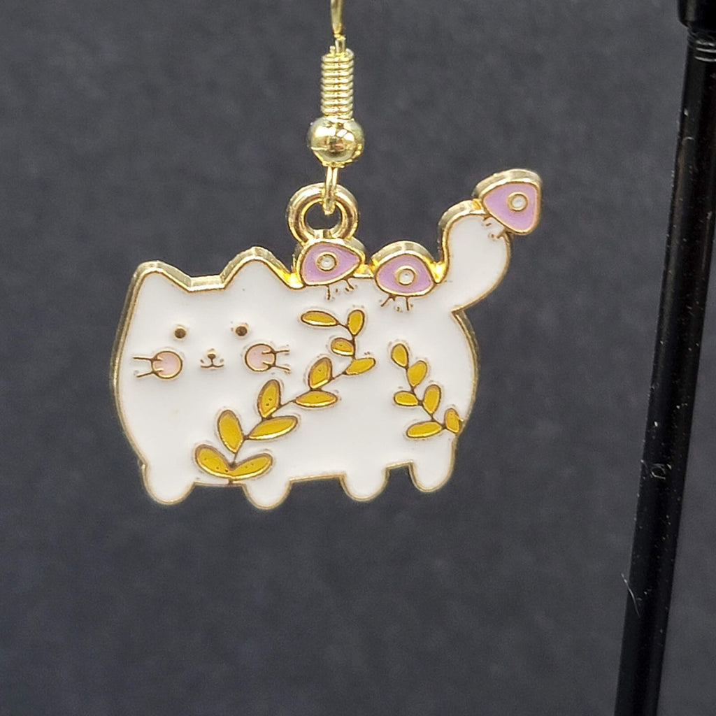 White Cat Pierced Earrings Gold tone Enamel Flowers Dangle 3/4"