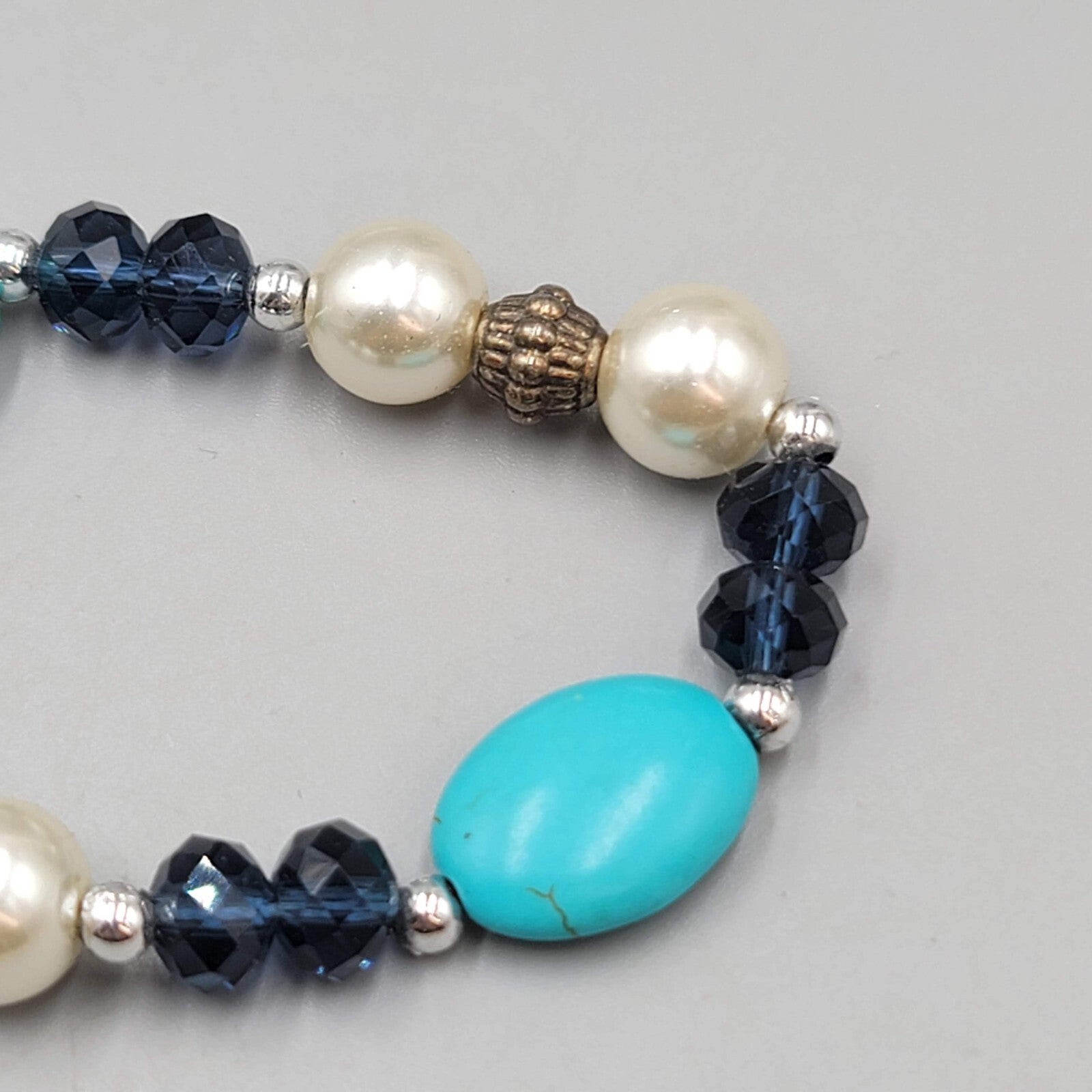 Blue Stone Bead Necklace Blue White Silver tone 18"
