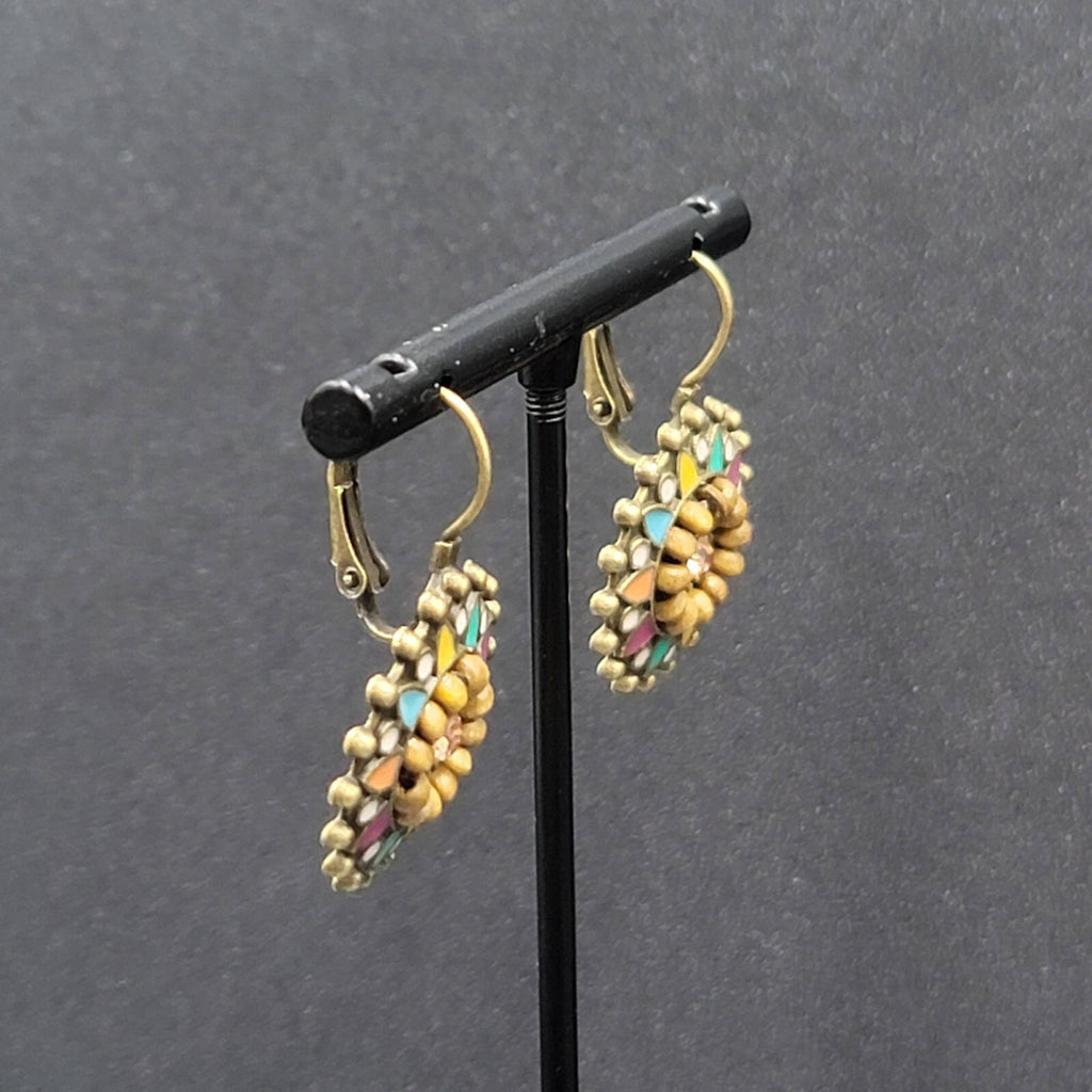 New Boho Pierced Earrings Bronze tone Medallion Enamel Wood Bead 1"