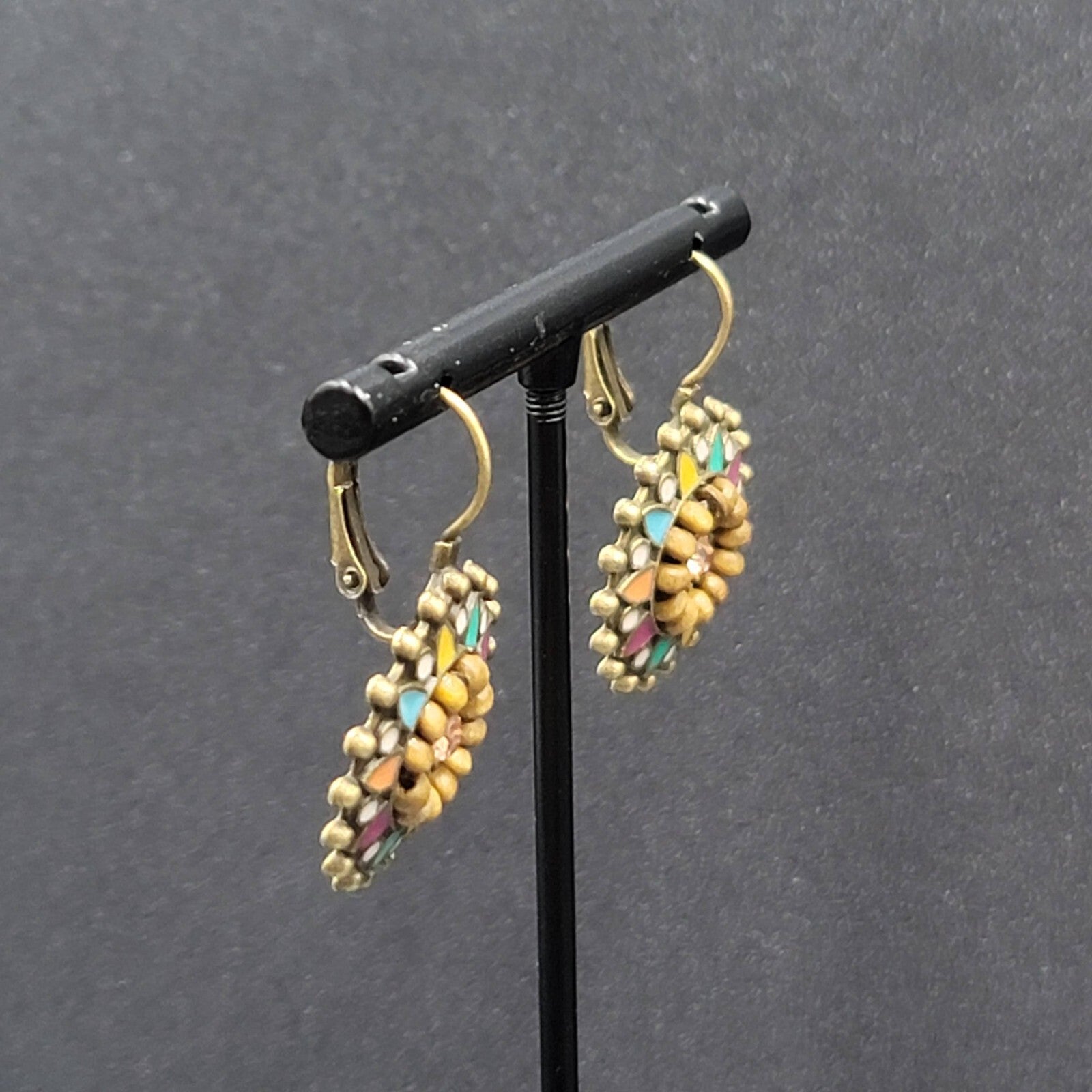 New Boho Pierced Earrings Bronze tone Medallion Enamel Wood Bead 1"