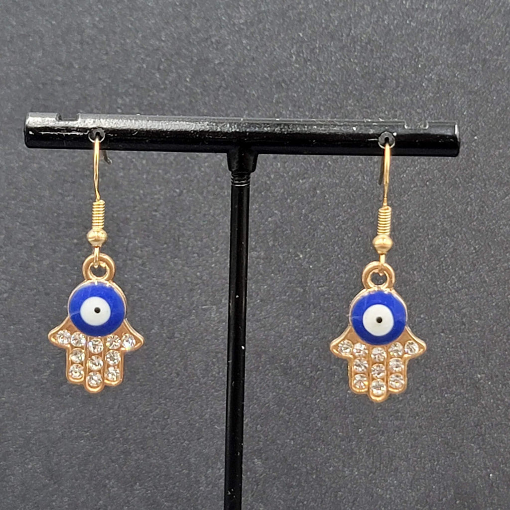 Hamsa Evil Eye Pierced Earrings Gold tone Enamel Rhinestone Dangle 7/8" New