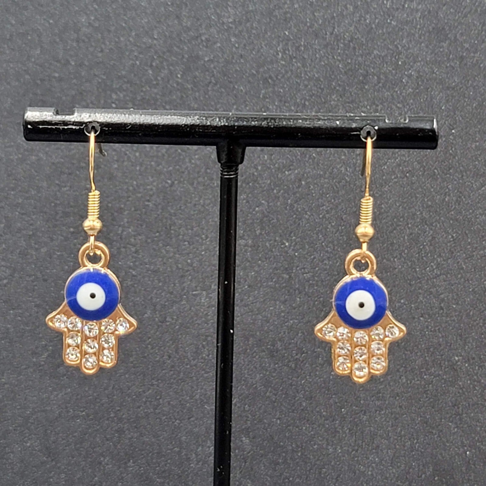 Hamsa Evil Eye Pierced Earrings Gold tone Enamel Rhinestone Dangle 7/8" New