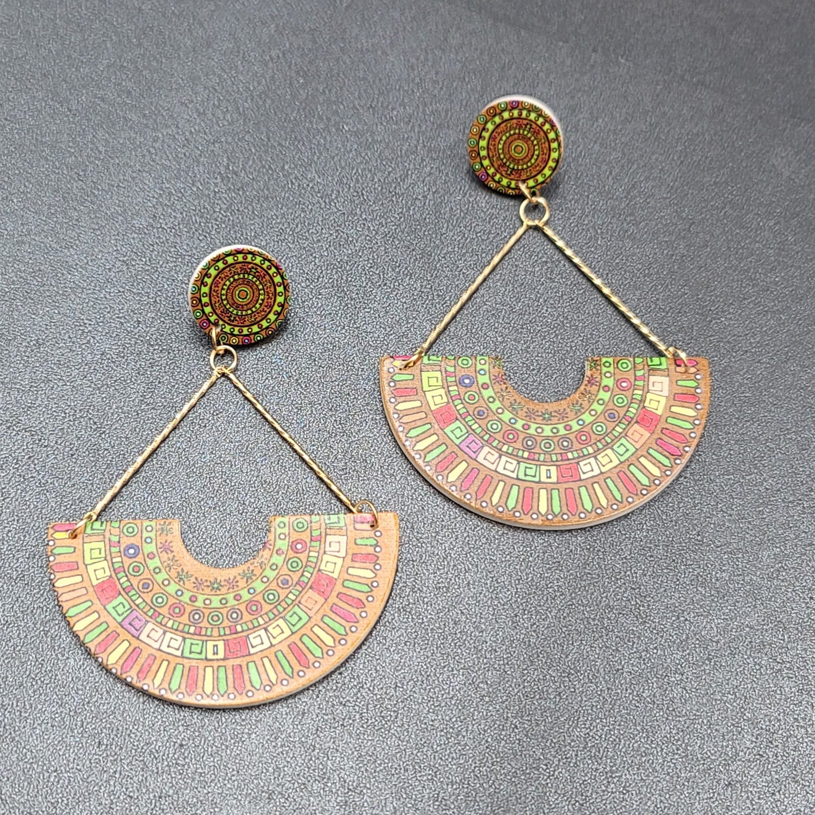 Large Statement Pierced Earrings Multicolor Boho Wood Dangle 3.5"