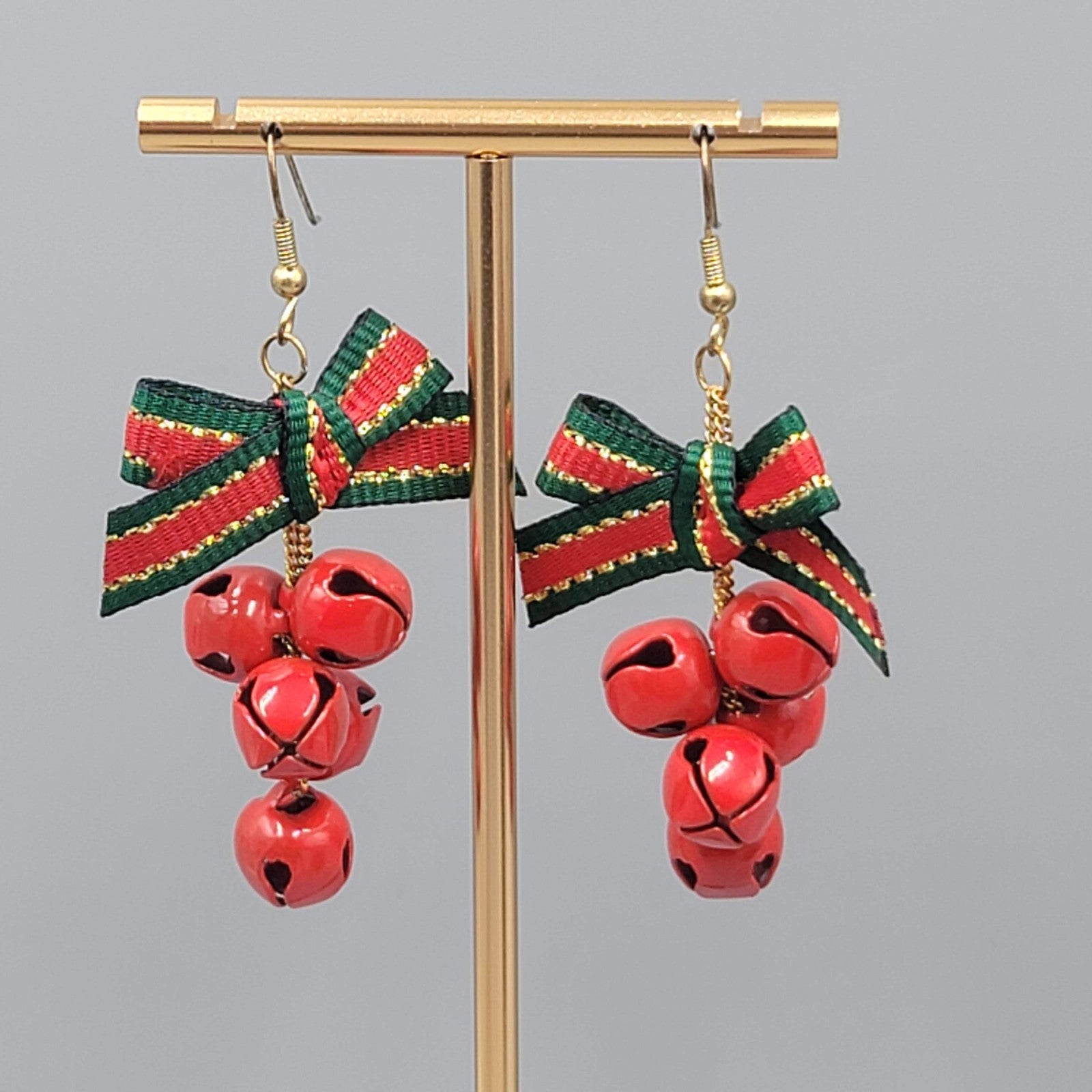Vintage Christmas Jingle Bells Pierced Earrings Ribbon Gold tone Dangle 2"