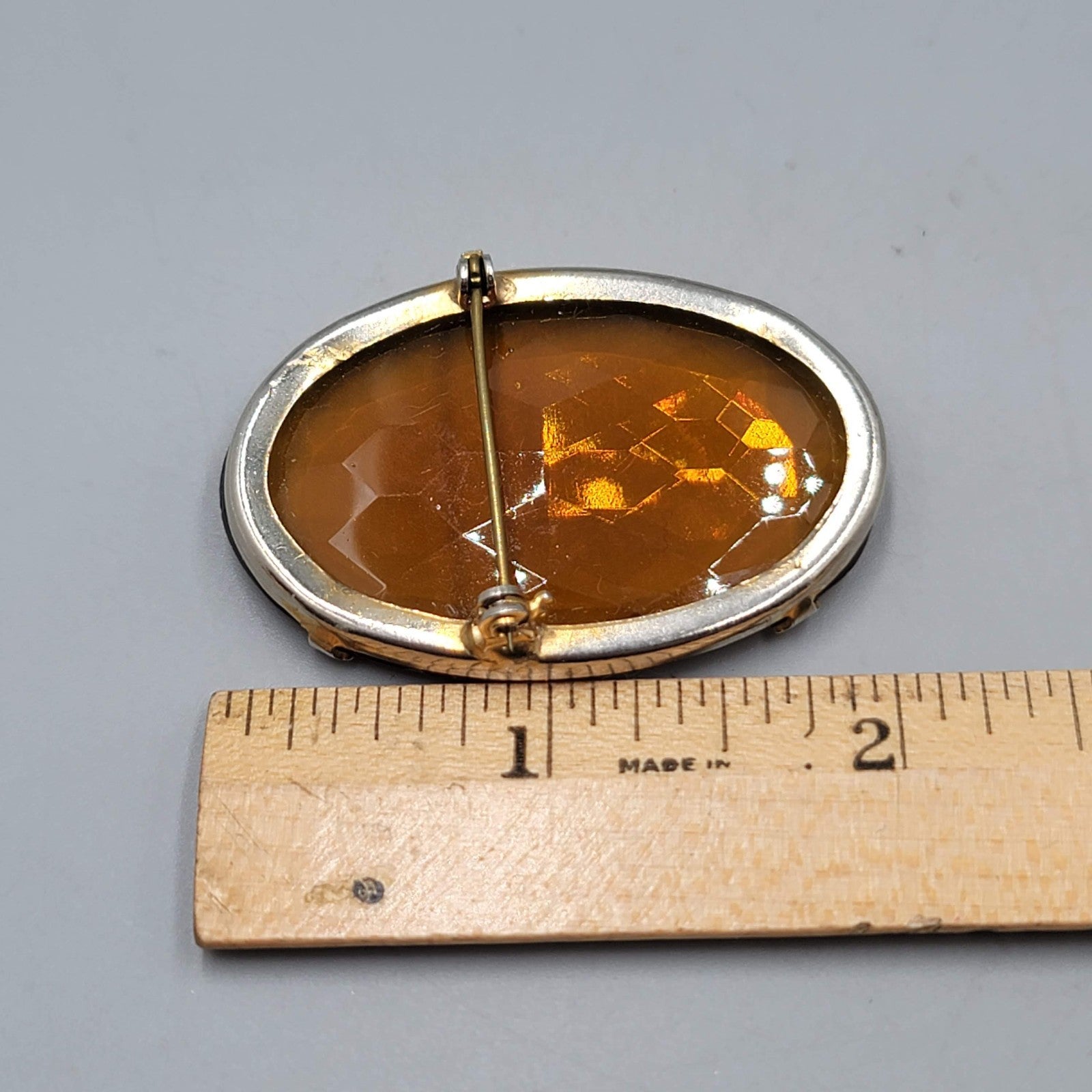 Vintage Large Topaz Yellow Orange Faceted Brooch 2" x 1.25"
