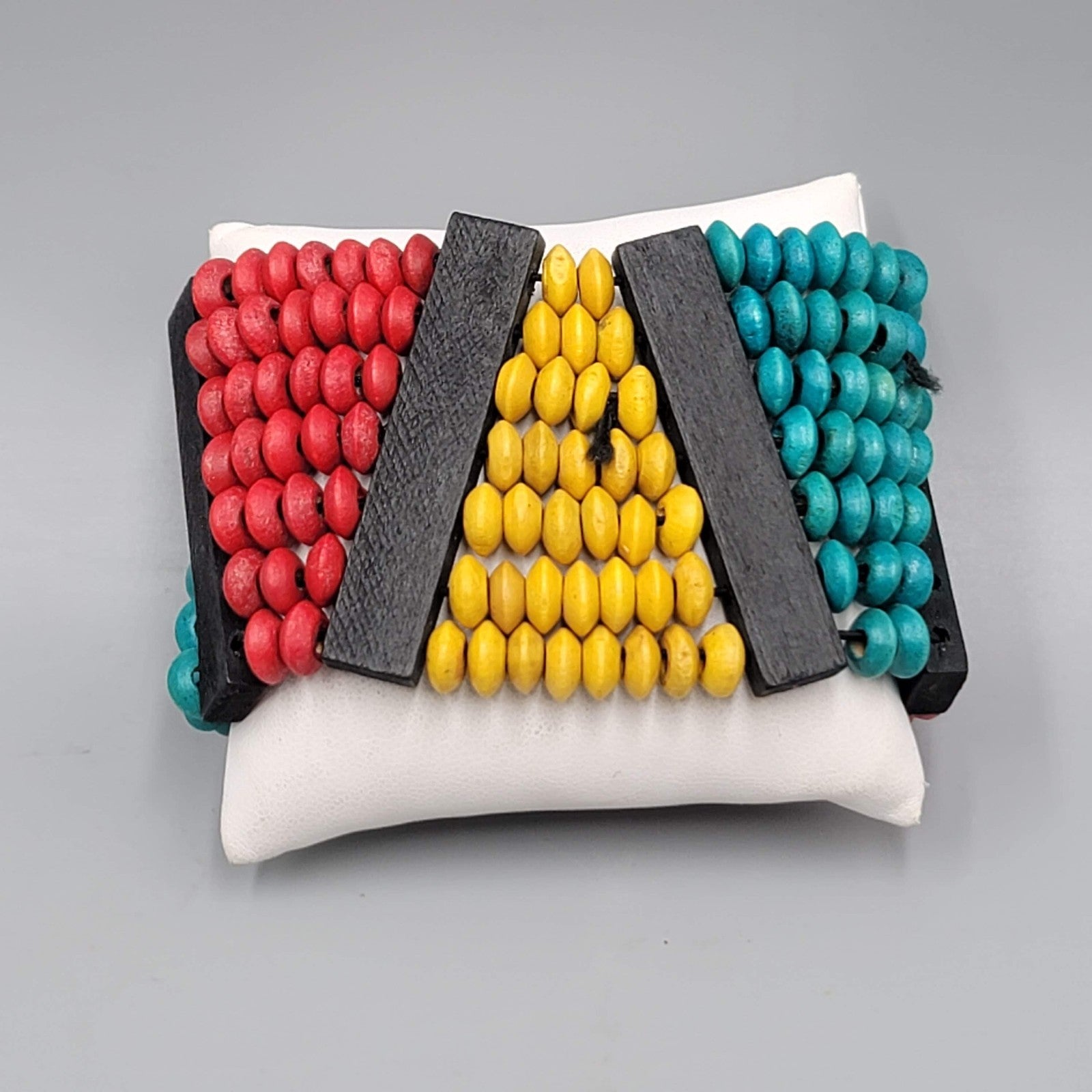 Wide Wood Bead Bracelet Teal Yellow Red 2" x 7"