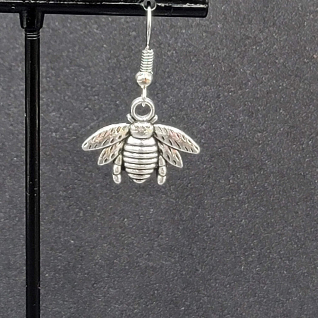Bee Pierced Earrings Silver tone Dangle Embossed 5/8"