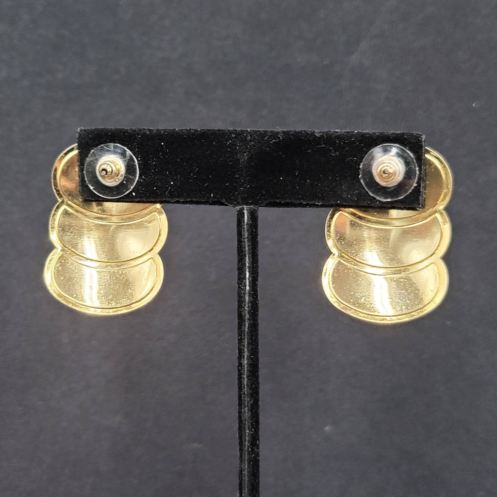 Vintage Pierced Earrings Navy Cream Enamel Drop 80's 1 3/8"