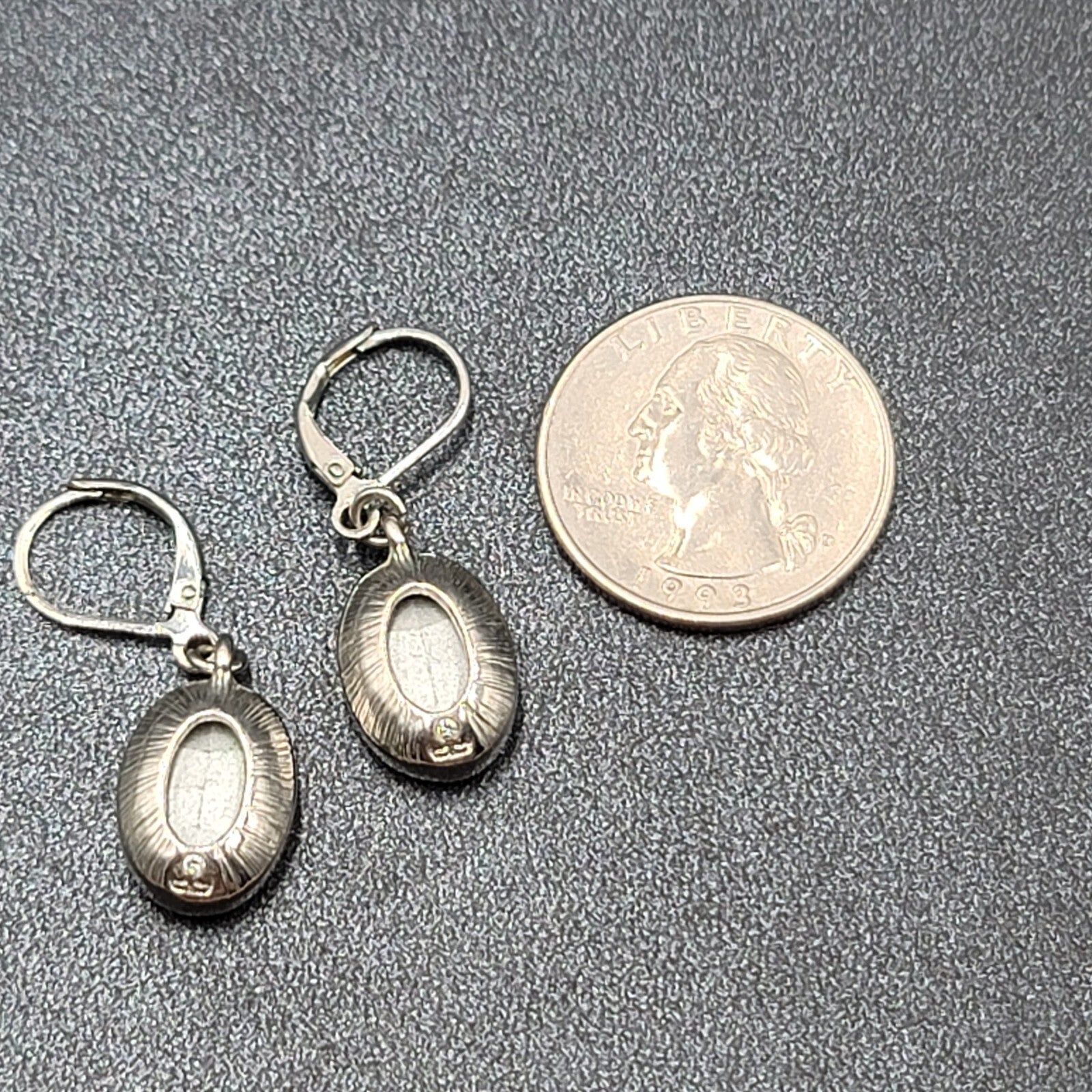 Pierced Earrings Silver tone Faceted Oval Glass Signed Dangle 3/4"