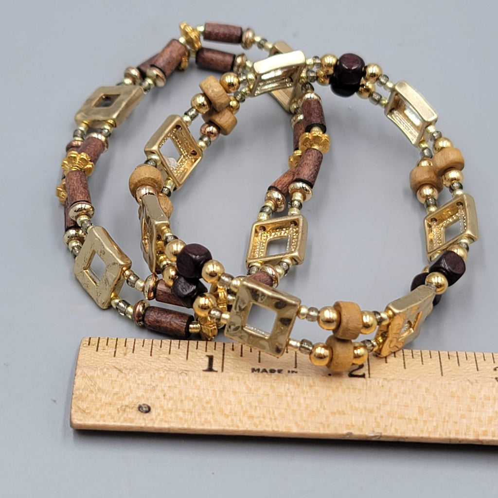 Set of 2 Bracelets Gold tone Wood Bead Elastic 7"