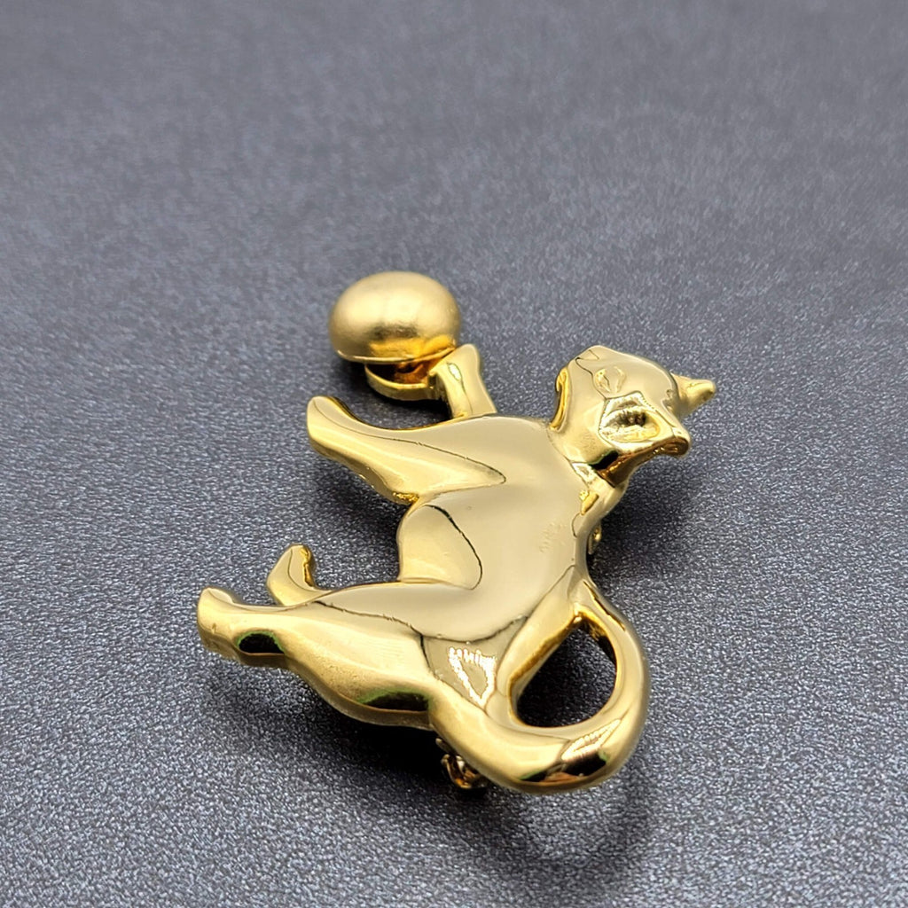 Vintage Brooch Gold Plated Cat Kitty Playing with Ball Polished 2.5"