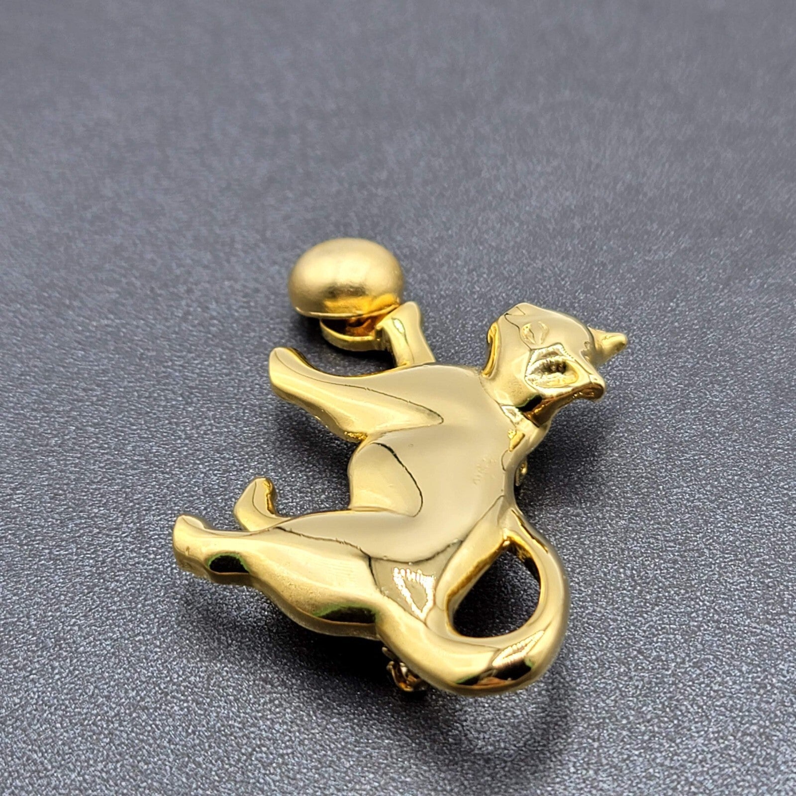 Vintage Brooch Gold Plated Cat Kitty Playing with Ball Polished 2.5"