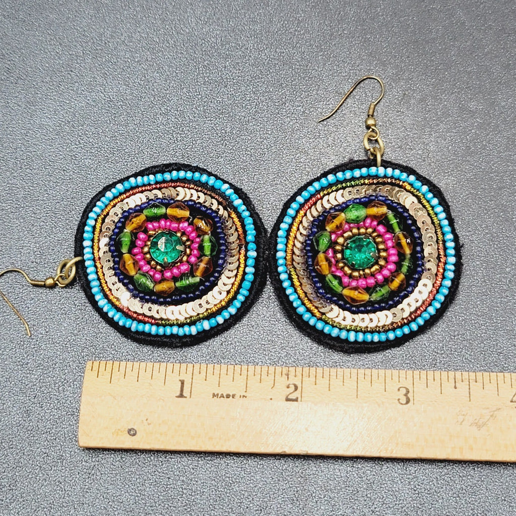 Boho Pierced Earrings Beaded Felt Medallion Dangle 1.75"