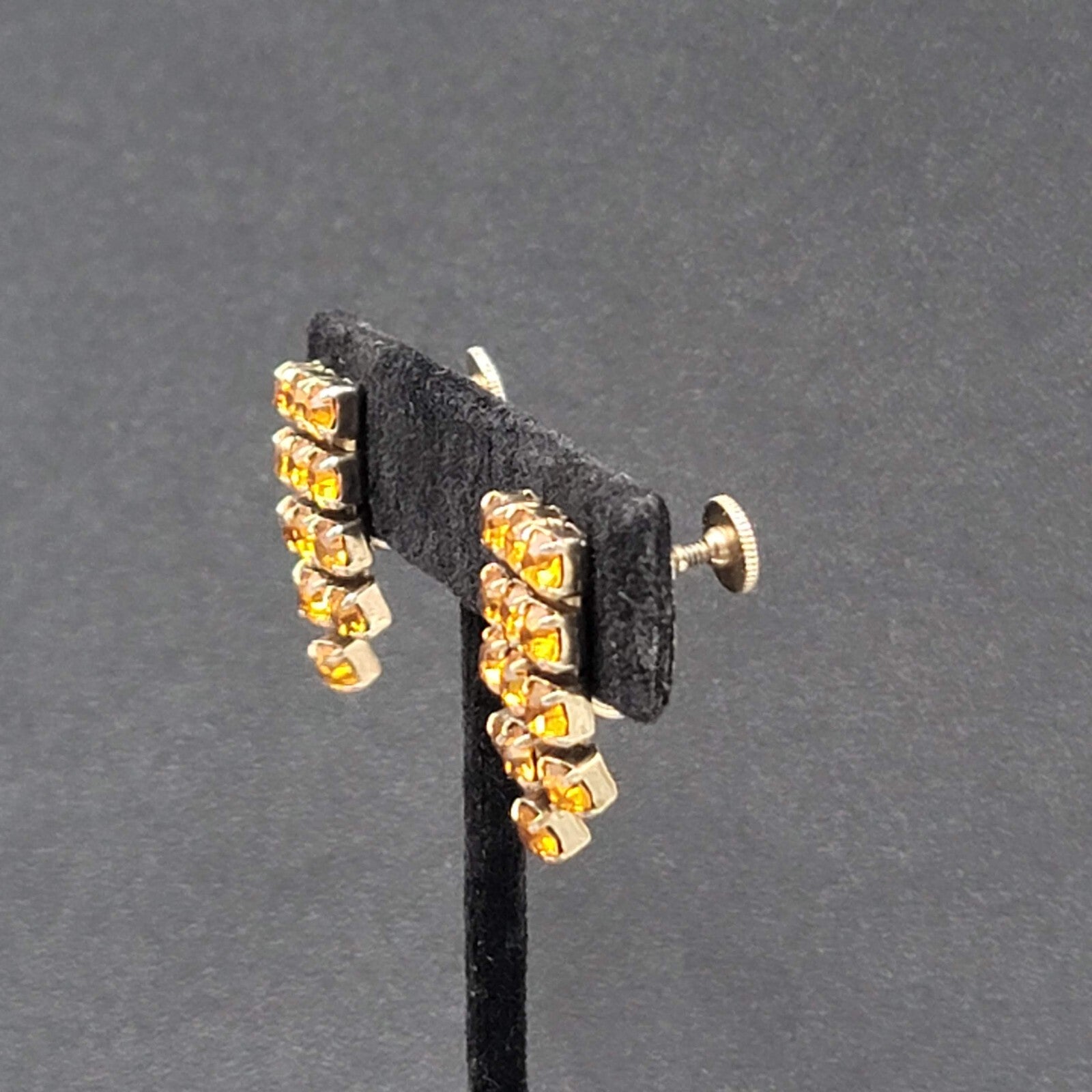 Vintage Clip on Earrings Gold tone Amber Orange Rhinestone Screw Back 1"